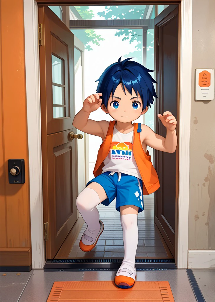 score_9,score_8_up,score_7_up,masterpiece,1boy,cute,solo,japanese,dynamic pose,tank top,blue shorts,white thighhighs,orange white shoe,uwabaki \(shoes\),ray tracing,<lora:uwabaki-V2>,open door,