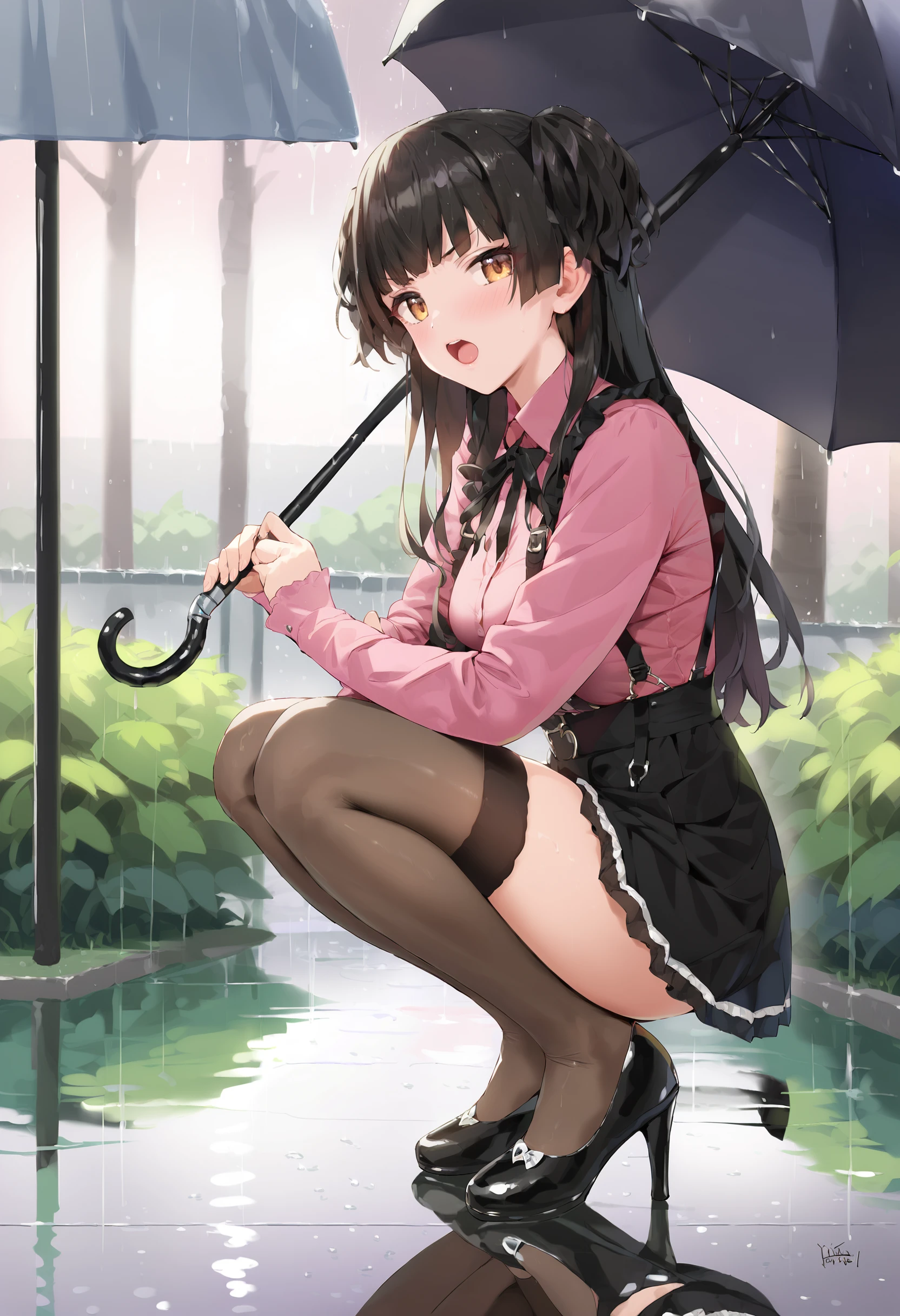 score_9, score_7_up, 1girl, black hair, black skirt, blush, brown eyes, high heels, long hair, long sleeves, looking at viewer, medium breasts, open mouth, pink shirt, rain, squatting, thighhighs, two side up, umbrella, mayuzumi fuyuko, idolmaster shiny colors, breasts, shirt, skirt, holding, ribbon, full body, outdoors, frills, black thighhighs, blunt bangs, miniskirt, black footwear, v-shaped eyebrows, zettai ryouiki, neck ribbon, black ribbon, suspenders, reflection, holding umbrella, suspender skirt, jirai kei <lora:YD-Style-PonyXL-GLoRA-Final:1>