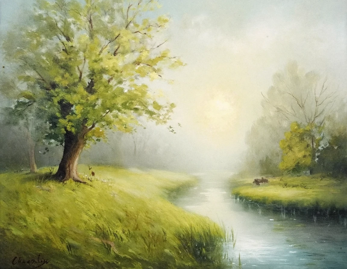 The painting by Chaplin depicts a green spring forest with tree and a river. The color palette is soft dominated by whites greens and earthy tones evoking a sense of peace and tranquility.