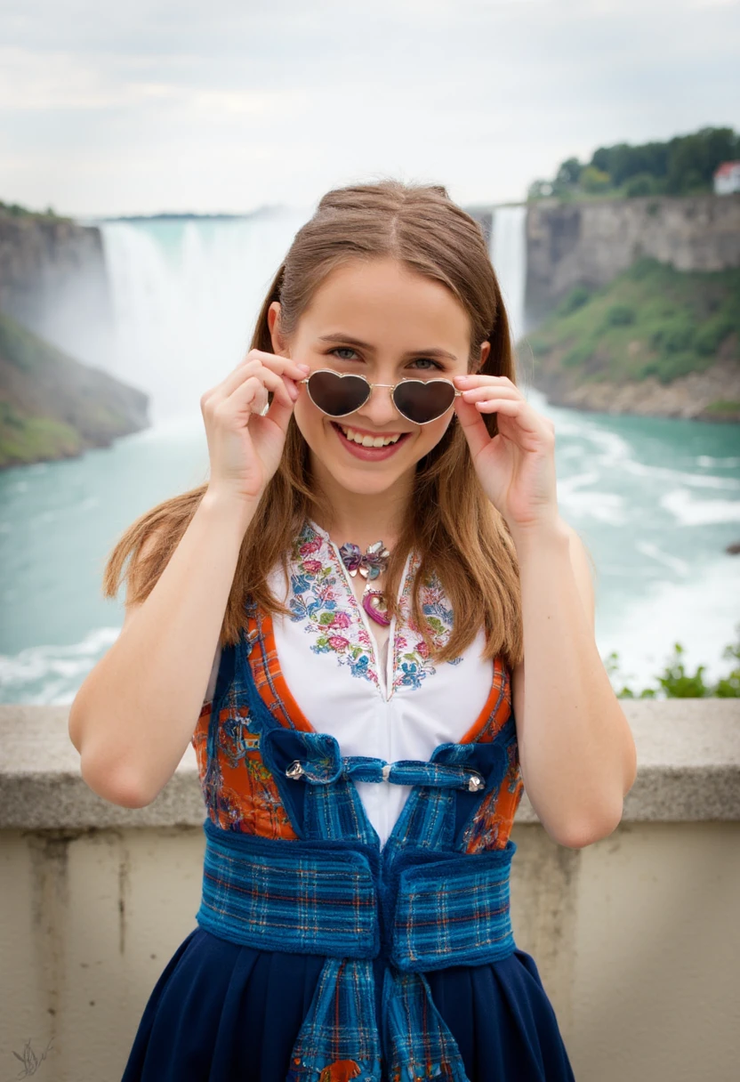 A professional glamour photo of 19yo lydia model posing by the niagara falls dressing a Blue and Orange traditional Norwegian Bunad dress.. she is laughting at the viewer while hoher heart shaped shaded glasses. She has blue eyes and light brown long hair.