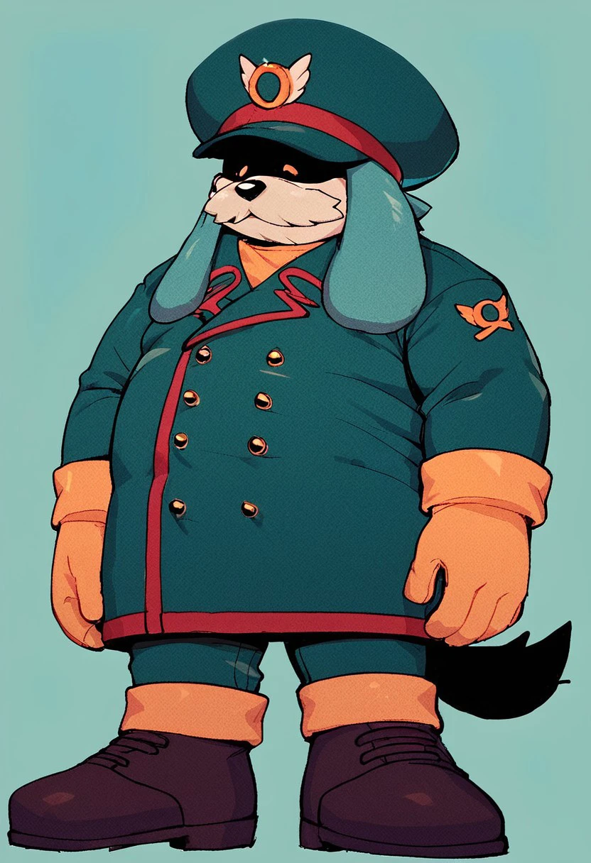 score_9, score_8_up, score_7_up, score_6_up, Conductor, tail, hat, uniform, emblem on hat, shaded yellow eyes, facial hair, mustache, furry male, male, solo, gloves, boots, fat male, simple background, tiled aqua background