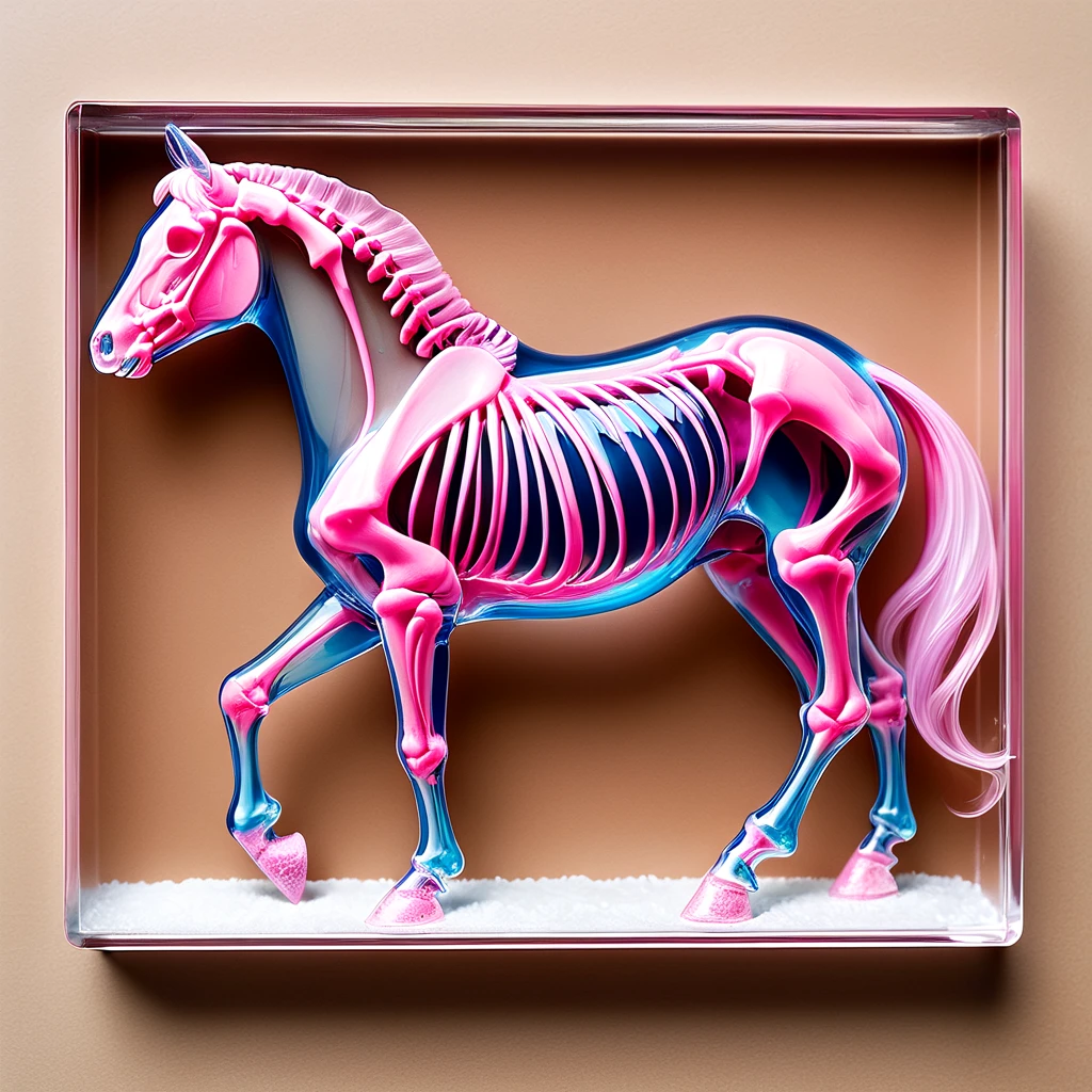 <lora:Transparent_specimen_SDXL:0.5>, transparent specimen, horse skeleton, pink color bone, blue cartilage ,transparent body