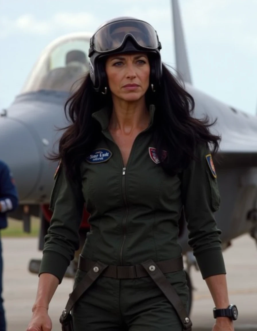 ohwx as Vala Mal Doran, portrayed by Claudia Black, in a scene from Top Gun. She is walking towards the camera with a F16 jet in the background. Vala is a striking woman with long, wavy dark hair and brown eyes. She is wearing a form-fitting flight suit with jet pilot helmet, exuding confidence and charisma. Her expression is a mix of determination and playfulness, capturing her adventurous spirit. The fighter jet behind her is sleek and modern, emphasizing the high-stakes, action-packed environment. A long distance shot in Top Gun.