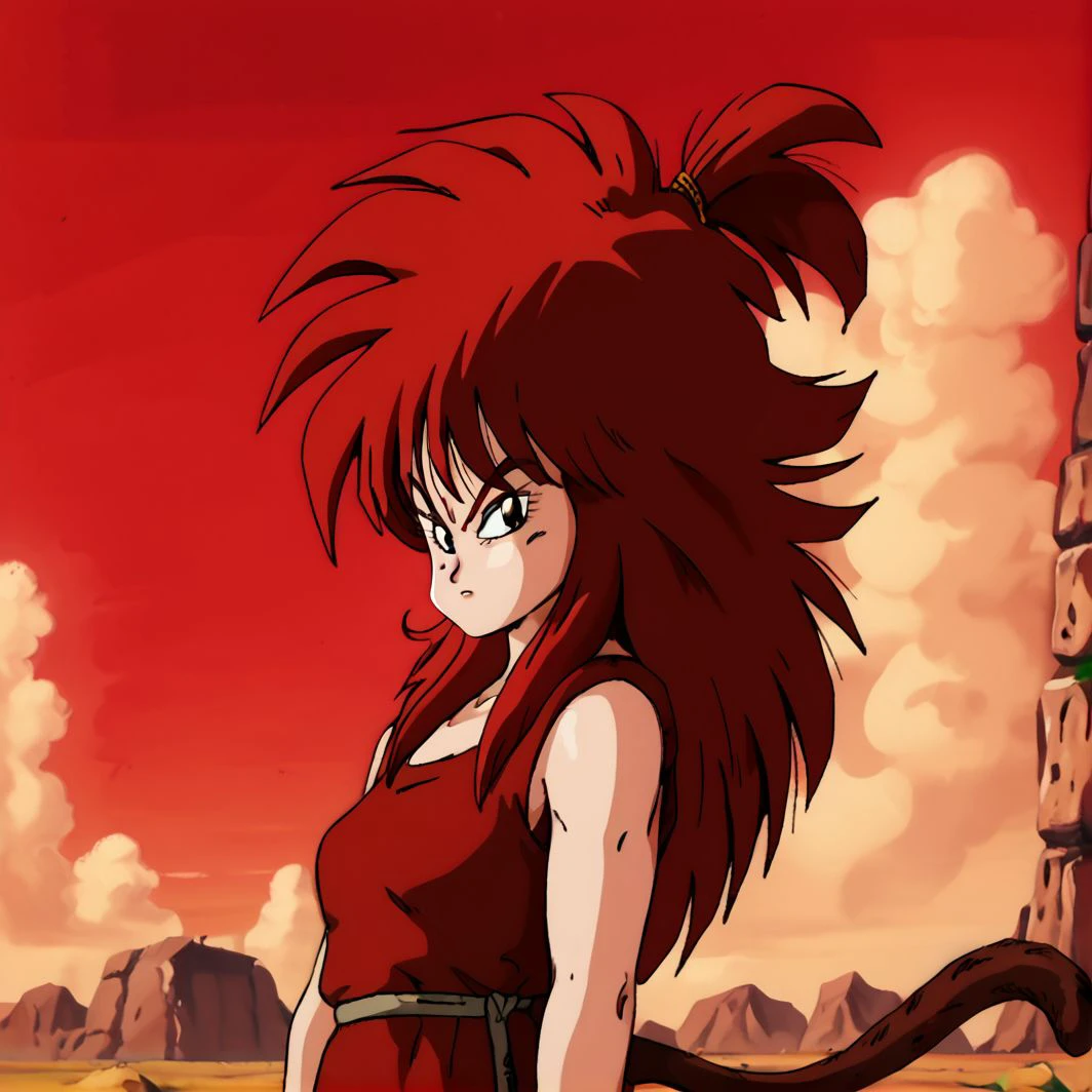 masterpiece, best quality, detailed face, detailed eyes, big eyes, score_9, score_8_up, score_7_up, score_6_up, <lora:Saiyaness_r1:0.8> 1girl,Saiyaness, 1girl,Saiyan monkey tail, red hair, long wild spiky hair, hair tied, long mane of hair down back, hair over shoulders, scowl,  red sky, Planet Vegeta, white clouds, wasteland, badlands, side view, evil eyes, <lora:EarlyAkira_v4:1> drgbls1, retro artstyle, 1980s \(style\), anime coloring,