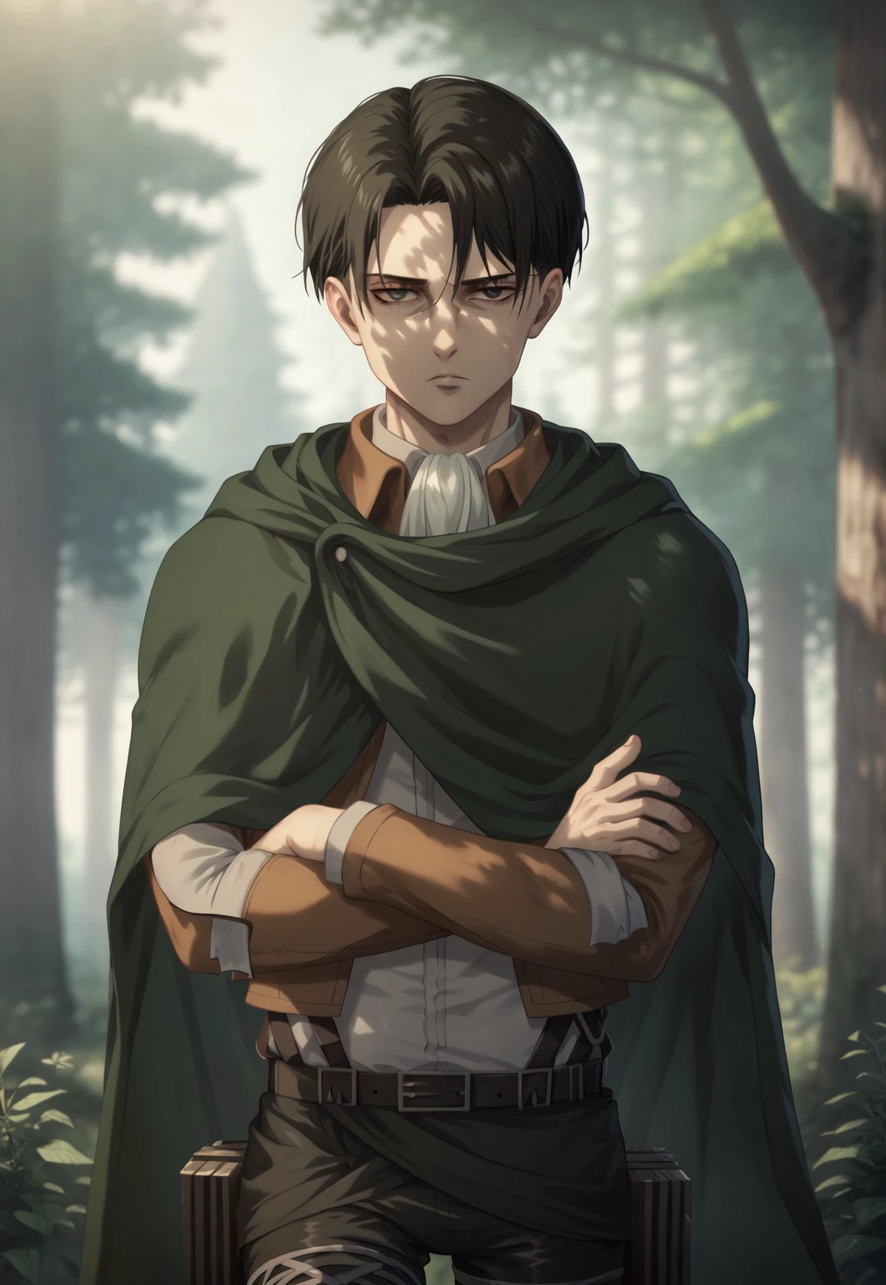 score_9, score_8_up, score_7_up, source_anime, highly detailed, novel illustration, wallpaper, beautiful details, levi_ackerman, 1boy, black hair, black eyes, curtained hair, solo, looking at viewer, cape, paradis military uniform, green jacket, ascot, belt, thigh strap, standing, crossed arms, upper body, outdoors, nature, forest