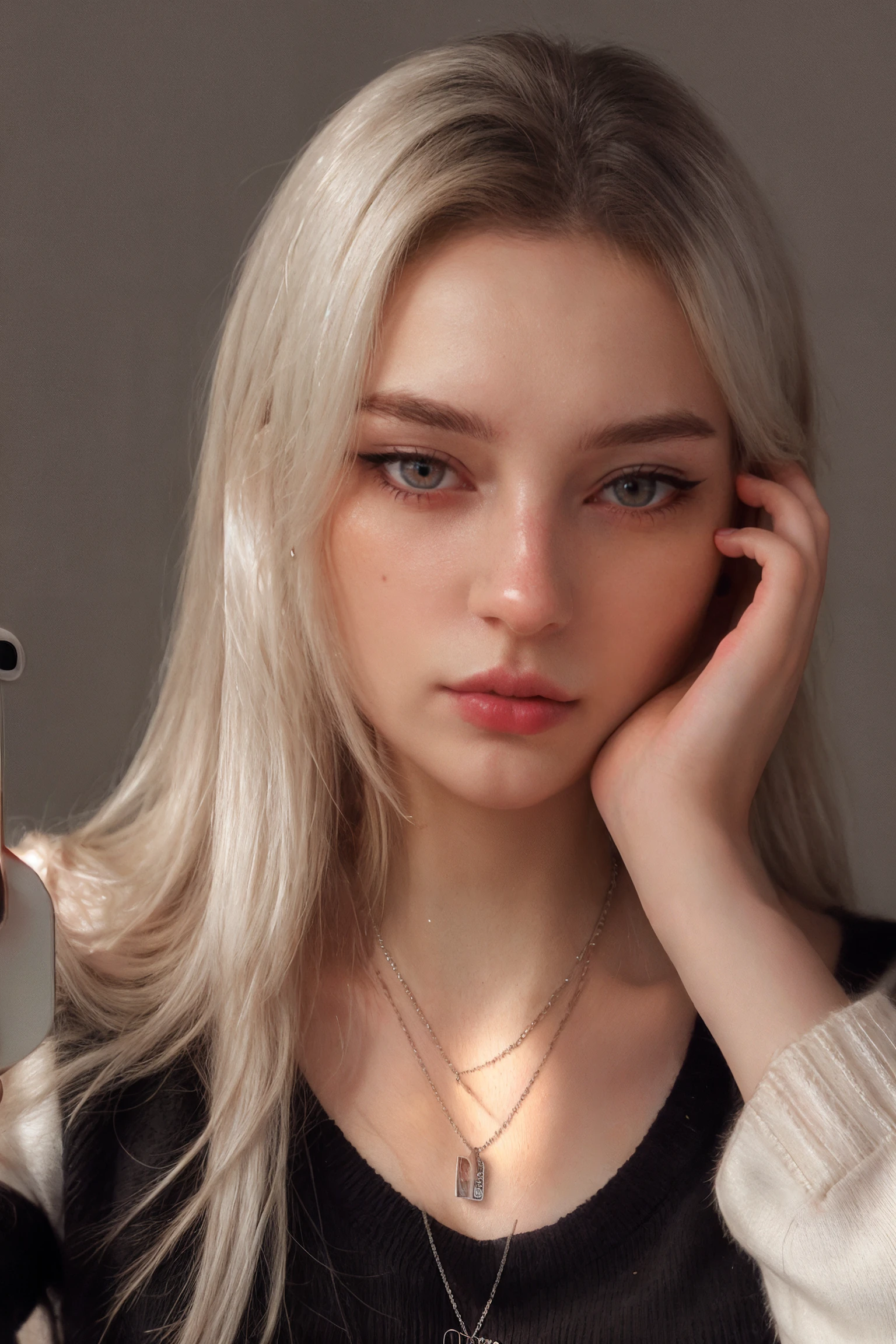 (cinematic light), [plain white background], 1girl, solo, (portrait, close-up), [white hair],  necklace, sweater, sleeves past wrists, phone, cellphone, smartphone, hand on own face, holding phone, head rest, mirror, realistic, selfie,, pantyhose<lora:Djerqv1-000008:0.95> djerqtanya