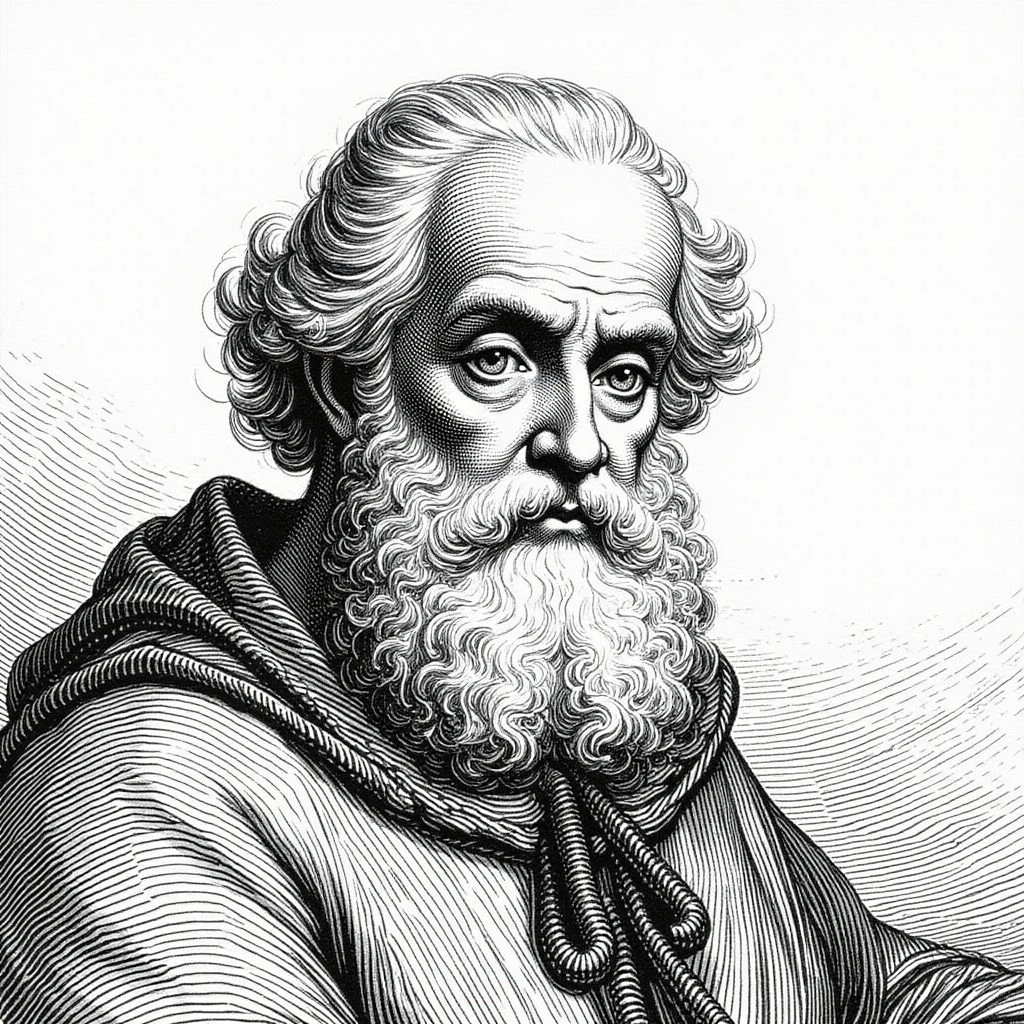 (gustavedore:1.2) style monochrome lithograph classical literature illustration , Galileo Galilei , portrait of the author,  <lora:GustaveDore_Style_000005500:0.7>