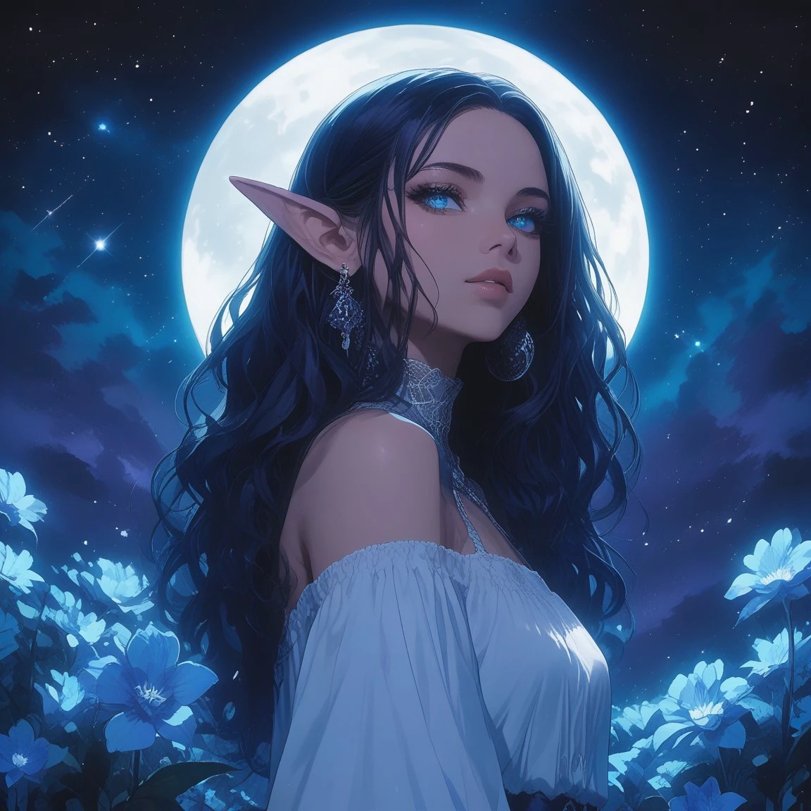 elf, female, elf ears, long flowing black hair, glowing eyes, moonlit night, full moon, night sky, stars, glowing flowers,  moonlight glow, best quality,    <lora:Elf-000011:0.8>