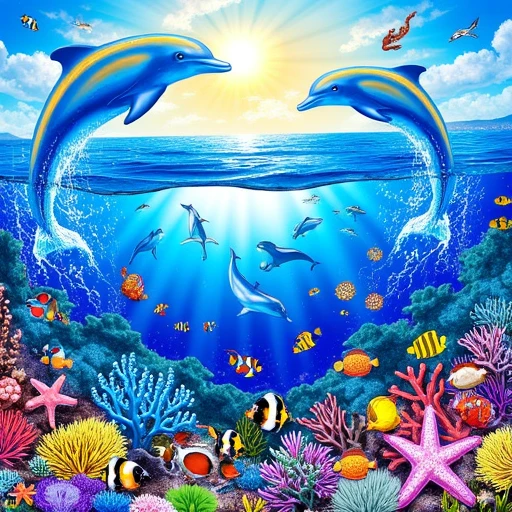 2000s traditional media art of an ocean scenery with dolphins, clownfish, starfish, corals and other fish