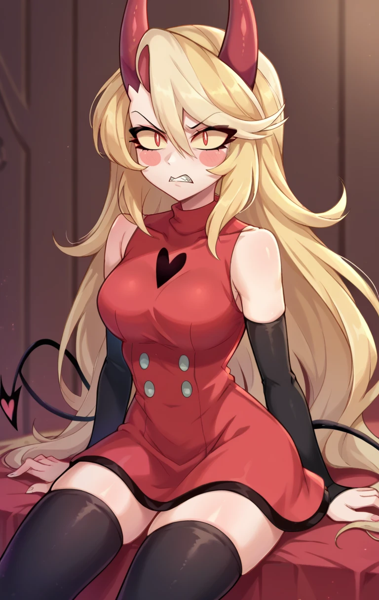 score_9,score_8_up,score_7_up BREAK <lora:charliemorningstar:1>,charliemorningstarSDXL,1girl,red sclera,red eyes,long hair,blonde hair,thighhighs,dress,hair between eyes,bare shoulders,very long hair,tail,detached sleeves,horns,teeth,black sleeveless,black thighhighs,zettai ryouiki,sleeveless dress,blush stickers,short dress,red dress,demon girl,demon horns,demon tail,red horns,turtleneck dress,cowboy shot,room,room background,sitting, v,