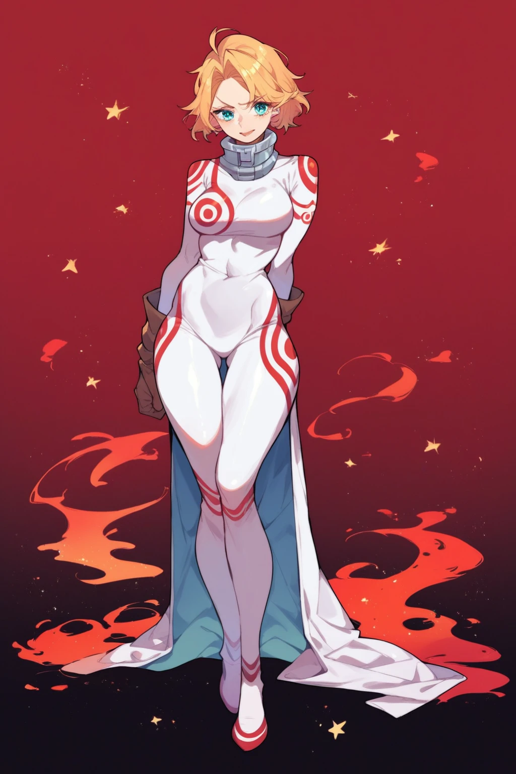 score_9, score_8_up, score_7_up, score_6_up, score_5_up, score_4_up, masterpiece, high quality, full body,  <lora:Shiro_outfit_DMW:0.9> shiro_outfit, white_jumpsuit, red_markings, white bodysuit, skin tight,