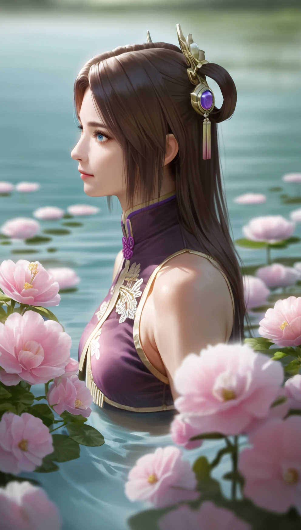 score_9,score_8_up,score_7_up,
<lora:diaochan:0.9>,
diaochan,
highres,photorealism,Cinematic Lighting,bloom,
1girl,solo,brown hair,long hair,bangs,
blue eyes,
purple top with gold embellishments and tassel,
portrait,face focus,
in water,
blurry background,outdoors,flowers in background,clear water,light particles,