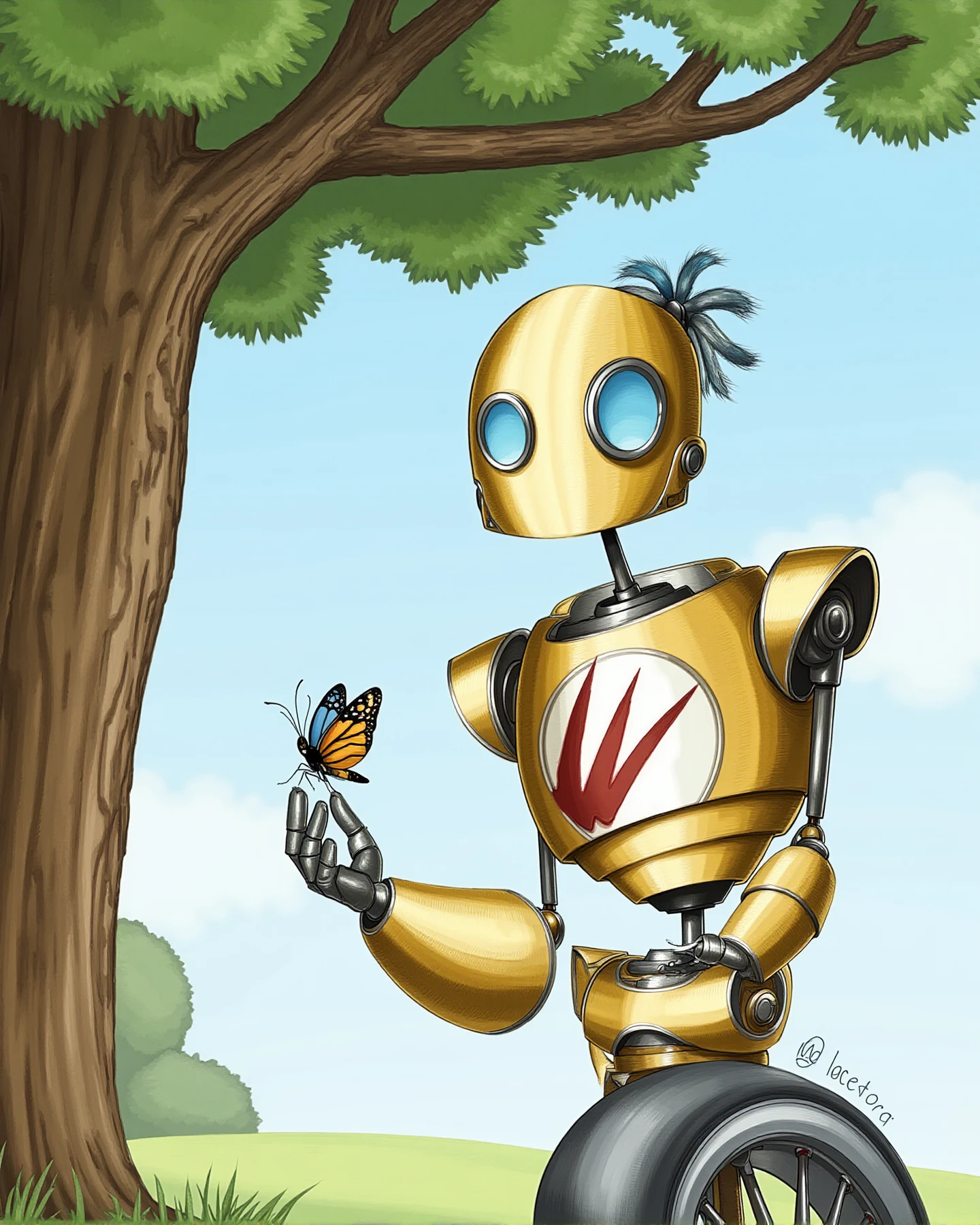 FCG, The image is a digital illustration of a robot . The robot has a round head with two large blue eyes and a small antenna on top. It has two arms and a wheel as leg . The body of the robot is made up of gold-colored metal and has a metallic finish. It also has a red and white striped pattern on its chest and arms.

under an oak tree watching a butterfly posing on his hand.