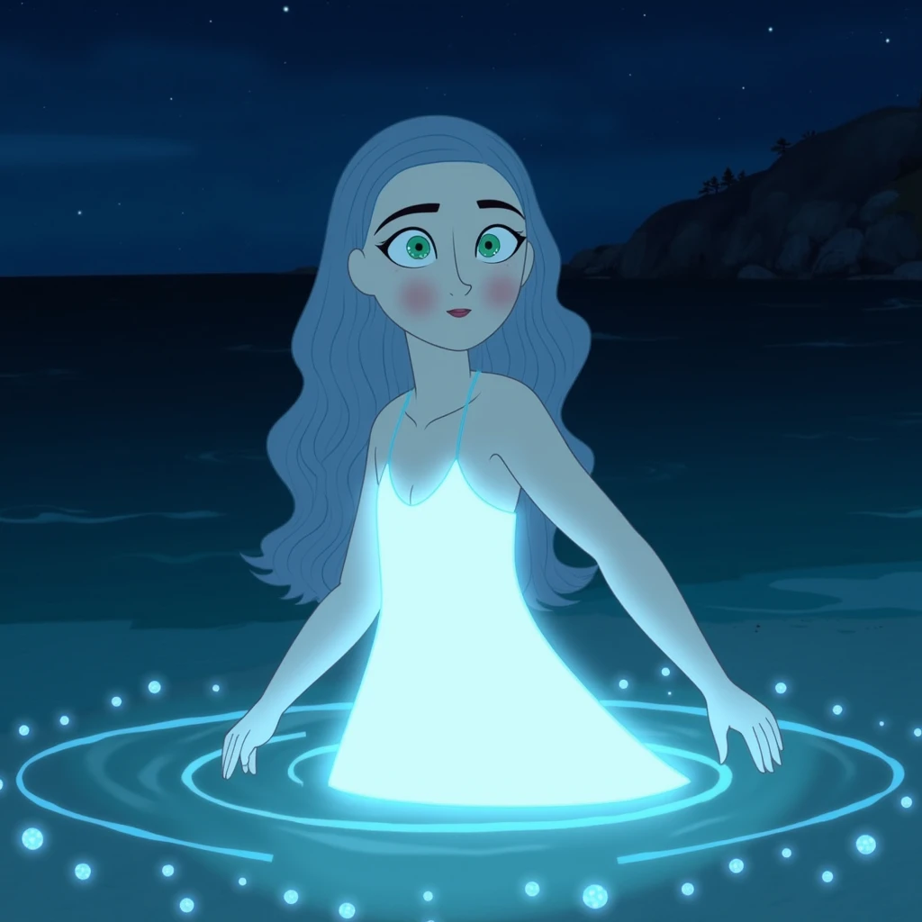 In style of Cartoon Saloon. A serene, moonlit beach where a young selkie transitions between her seal and human forms. Her shimmering, silvery scales gradually merge into smooth, pale skin as she emerges from the sea. Her long, seaweed-like hair flows gracefully over her shoulders, wet and glistening under the moonlight. Her delicate features, with large, sea-green eyes and a gentle smile, convey a sense of serenity and transformation. Her body is covered with extremely glowing light forming some kind of a dress. In the background, the rocky cliffs and the starlit sky create a mystical atmosphere, while small bioluminescent sea creatures glow softly around her.