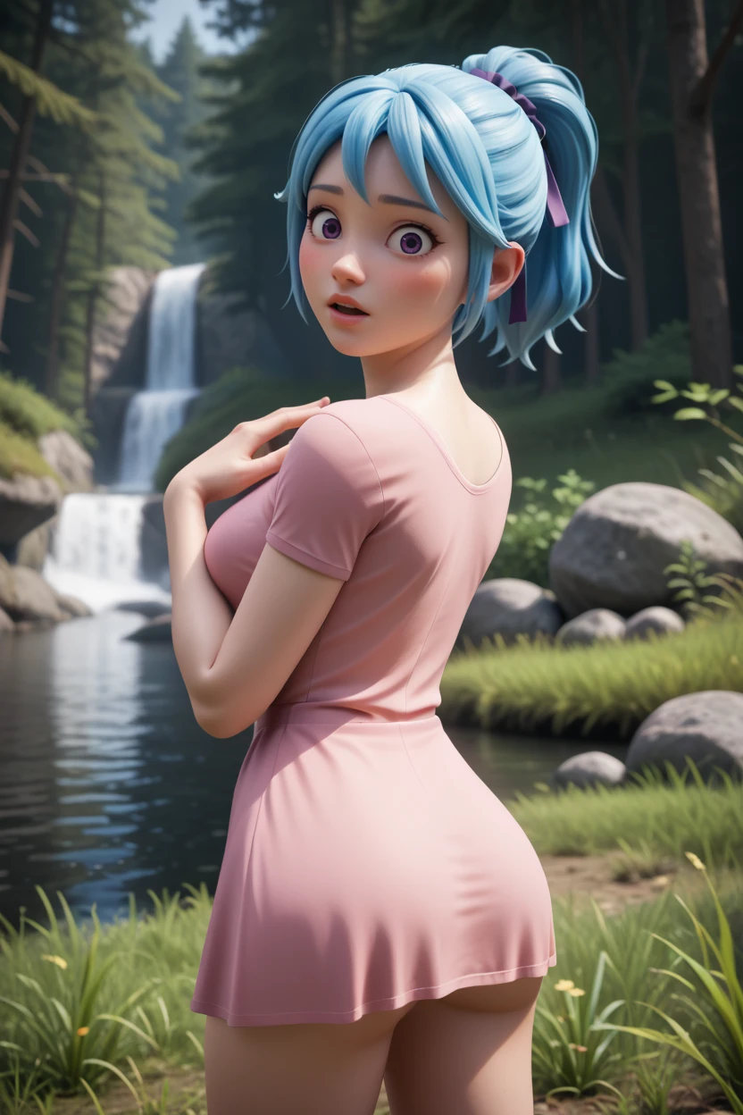 score_9, score_8_up, score_7_up, kurumu, 1girl, solo,light blue hair,purple eyes,short hair,ponytail,looking at viewer,  from behind, pink short dress,short sleeves,short dress, ass,medium breasts,looking back, nature, cascade, water, tree,grass,3d, surprised,blush,parted lips,hand up, hand on own chest, <lora:KurumuPony:1>