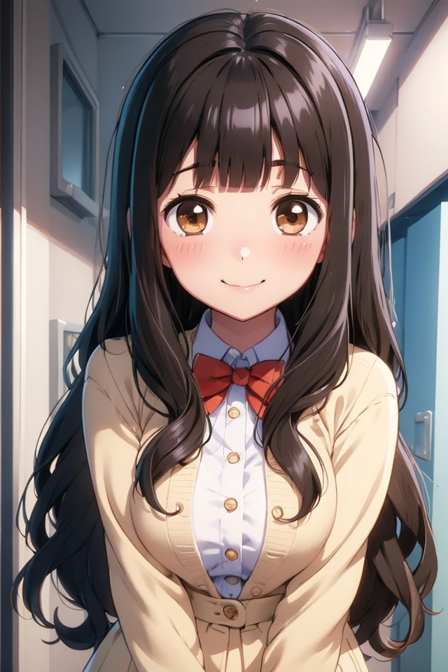 (P_Yuki_Sumi), 1girl, blush, black hair, long hair, wavy hair, (blunt bangs), brown eyes, looking at viewer, smile, solo,
blue open jacket, white dress, red bow tie, white shirt,