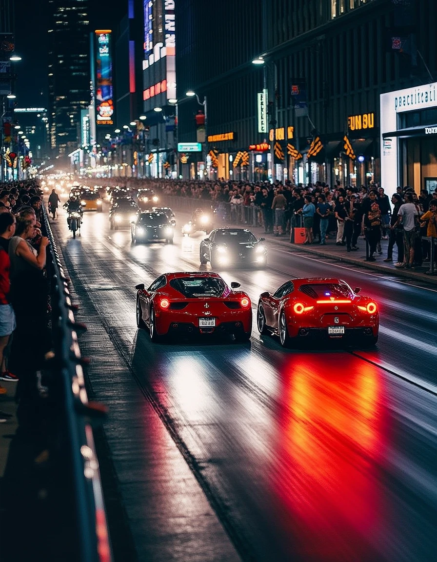 RAW photograph of an intense and thrilling car race set in an urban environment. The image captures two fast-moving Ferraris racing against each other on a bustling city street at night. The scene is filled with a chaotic mix of motion blur and dynamic lighting, emphasizing the speed and intensity of the competition as cars zoom past one another. The setting provides a perfect backdrop for this high-stakes race, with people watching in amazement from the side of the road, some even getting caught up in the excitement.
The image captures an array of emotions from the spectators including awe and wonder at the speed and power of these two Ferraris, to perhaps frustration or anger at not being able to join in. The background is bustling with activity, people walking and running by, and cars honking their horns as they pass by. People on motorcycles or bicycles are also visible.
This RAW image provides a vivid representation of an intense car racing scene that could have been captured at the Indianapolis 500, but instead was filmed in an urban setting. The competition between these two Ferrari models is a thrilling and exhilarating spectacle, with each driver pushing to the limit of their vehicle's capabilities, determined to win this race.
The RAW photograph captures the essence of the car. <lora:rMada - Enhance - beta2:0.9>,