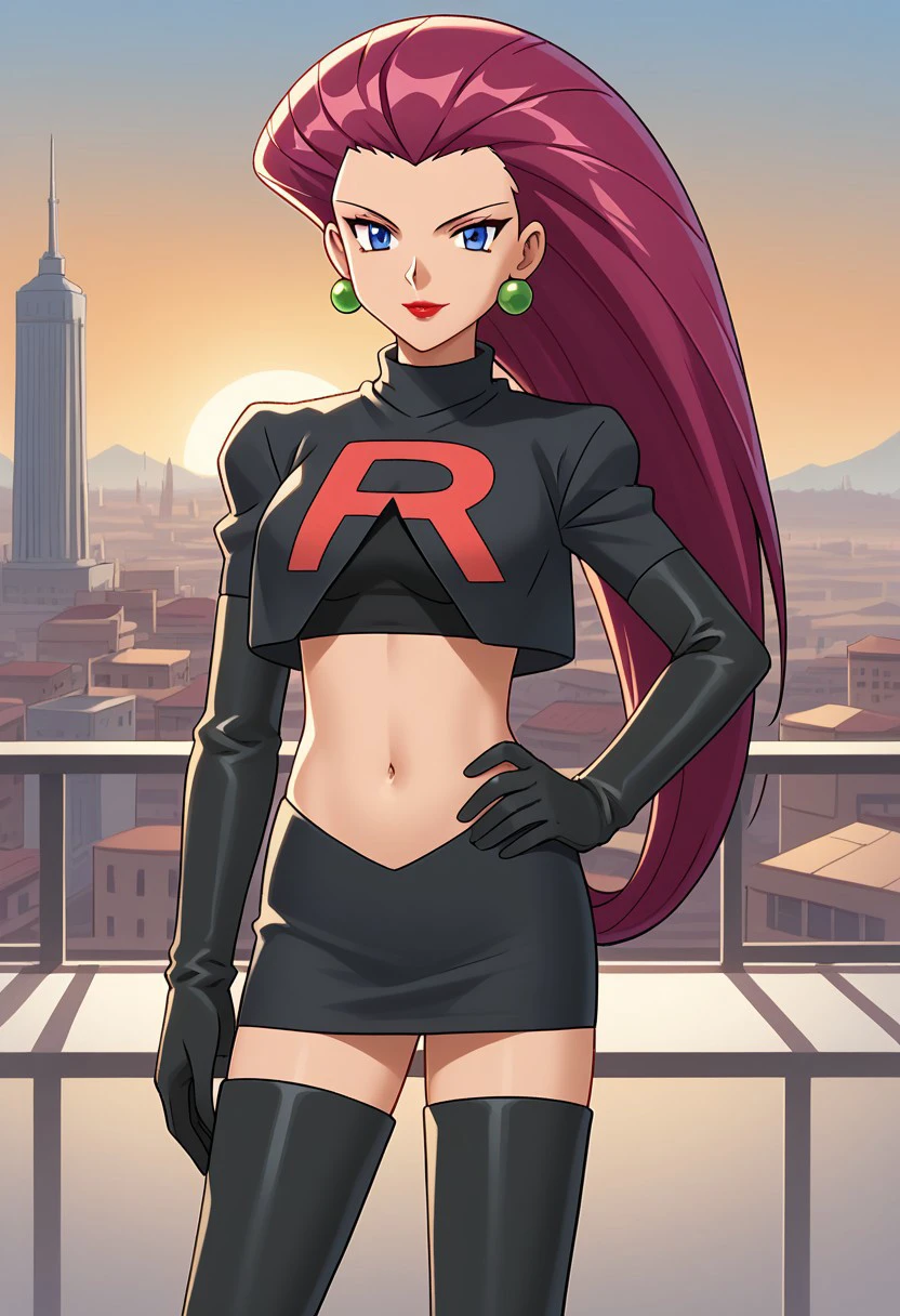 score_9, score_8_up, score_7_up, contrapposto, hand on hip, sunset, sidelighting, cityscape, vanishing point, outdoors, depth of field, solo, looking at viewer, source_cartoon, BREAK BlackCostume_Jessie_ownwaifu, 1girl, earrings, hair slicked back, jewelry, big hair, blue eyes, lipstick, long hair, makeup, red lips, eyelashes, red hair, team rocket uniform, crop top, black gloves, elbow gloves, navel, skirt, midriff, thigh boots, miniskirt, cropped jacket, gloves, jacket, zettai ryouiki, black thighhighs,