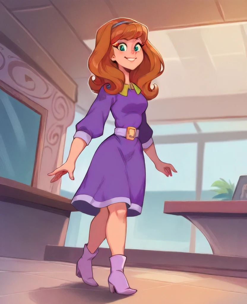 score_9, score_8_up, score_7_up, 1girl, solo, dutch angle, ScoobDaphne, dress, high heel boots, looking at viewer, smile, headband, walking through a mall, kiosk background, detailed background