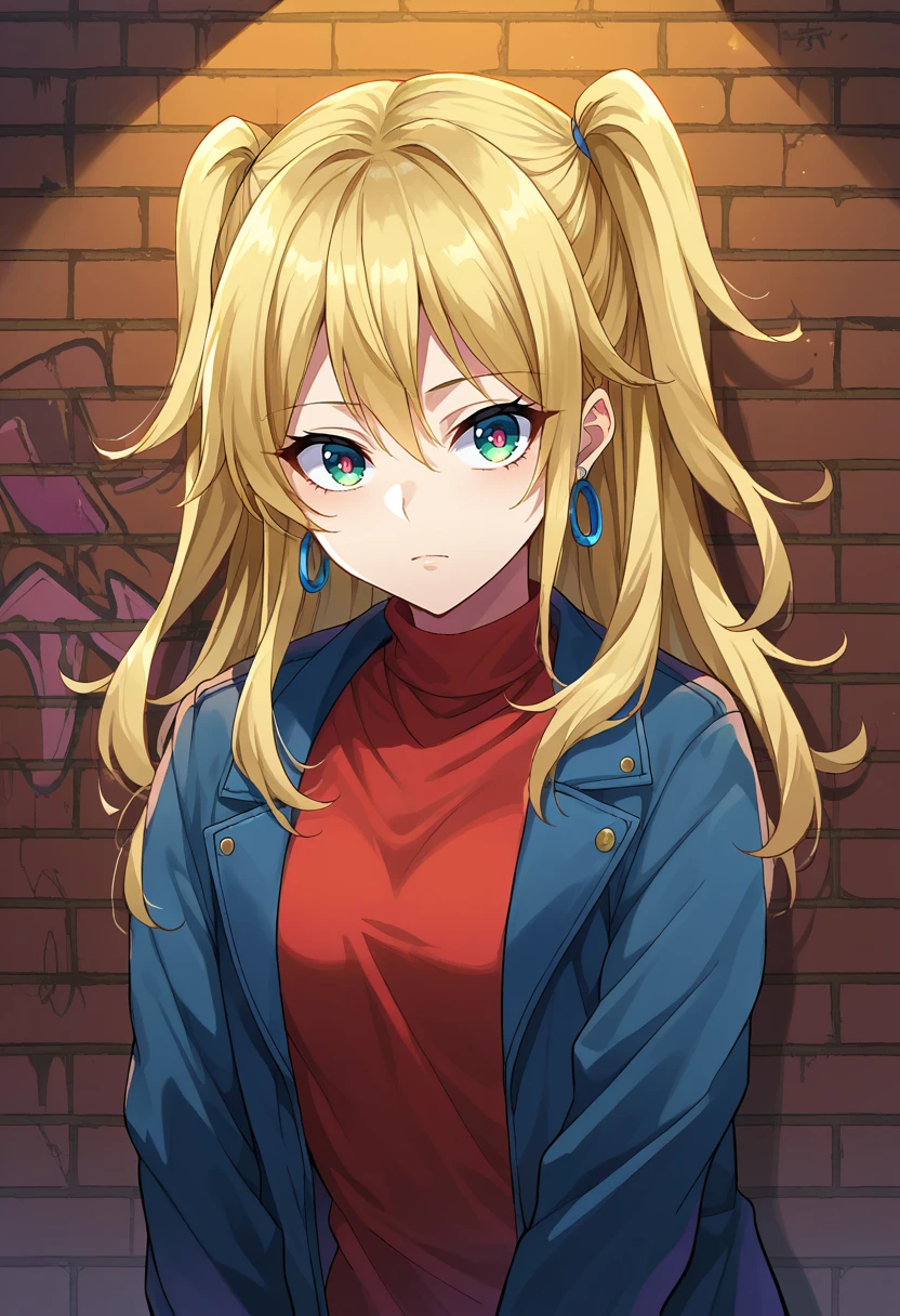 score_9, score_8_up, source_anime, 1girl, solo, YuzuAihara, long hair, two side up, earrings, sharp eyes, choker, neon shirt, open jacket, turtleneck sweater, night, against wall, brick wall, graffiti, dim lighting, alley, looking at viewer, <lora:ChamYuzuAiharaPonyXL:1>