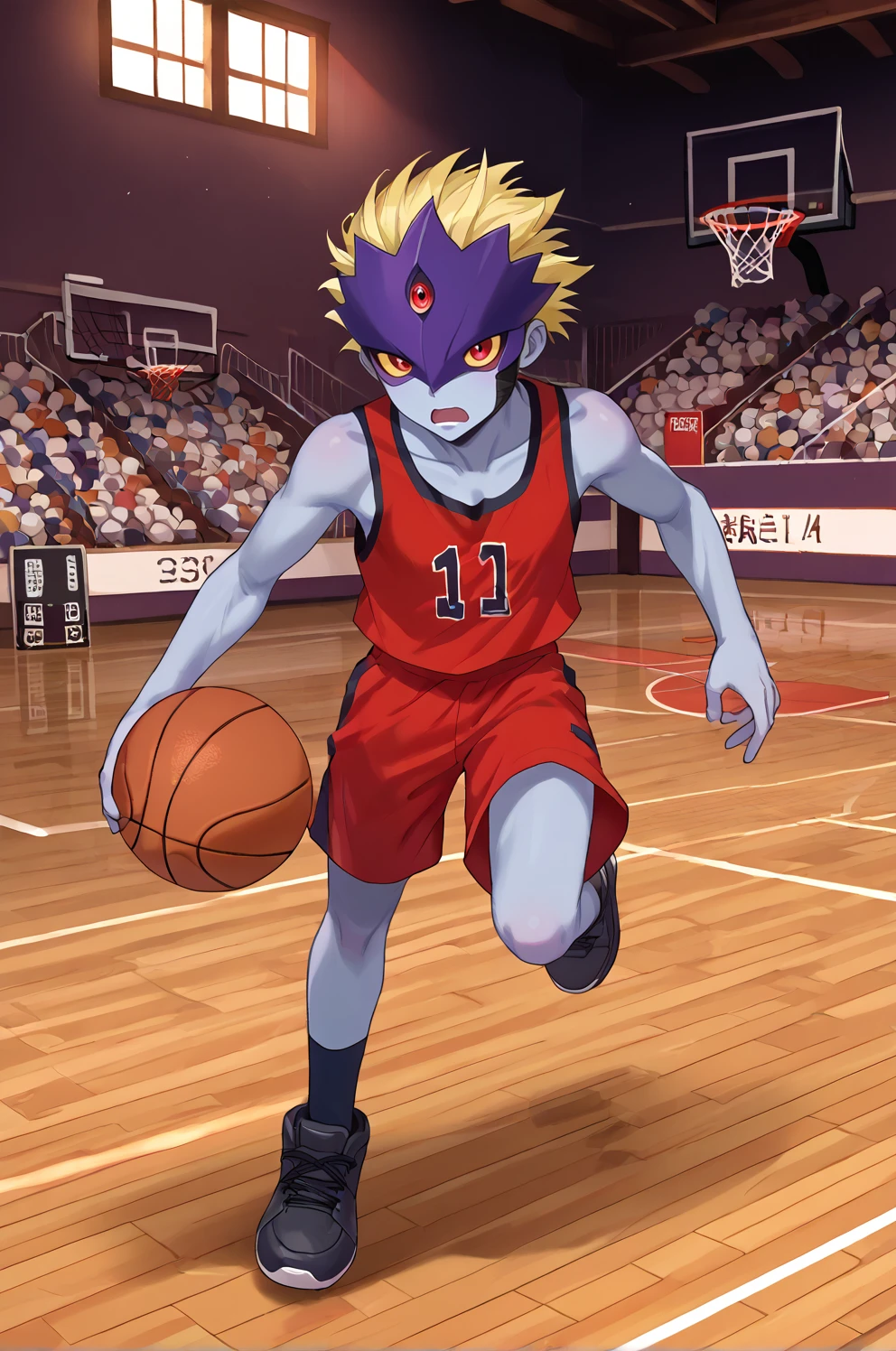 score_9, score_8_up, score_7_up, BREAK beelzebumon, 1boy, solo,full body, dark purple mask, black mask cable, red eyes,yellow sclera, blonde hair, short hair, lavender gray skin,third eye, red tank top, red shorts, playing basketball, holding basketball, basketball court, wooden floor, running, open mouth,indoors, hair slicked back,    <lora:BeelzebumonPonyV2:1>