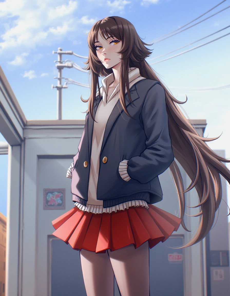 <lora:v12_PaulinaKlime_r16_000003250:1> art by PaulinaKlime, 1girl, solo, long hair, skirt, brown hair, black hair, brown eyes, standing, jacket, outdoors, black eyes, building, scenery, city, sign, hands in pockets, power lines, industrial pipeâââ