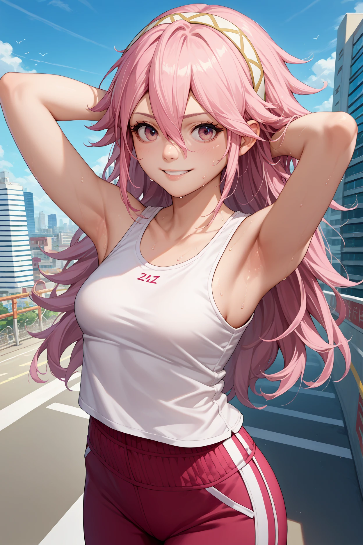 score_9, score_8_up, score_7_up, score_6_up, source_anime, 1girl, solo, <lora:fesoleil-pdxl-nvwls-v1-000005:1> feSlil, pink hair, long hair, hair between eyes, pink eyes, hairband, medium breasts, white tank top, sweat, smile, track pants, arms behind head, city, blue sky