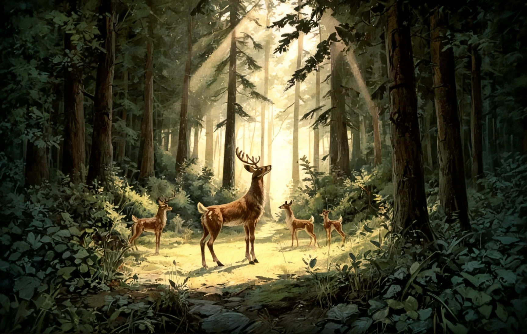 <lora:harrison-fisher_pony_v2:1> 'untitled' by fisher harrison in 1234, , kitsch \(genre\),design \(genre\), a lush forest with shrubbery and sun-rays shining through the trees, a deer is standing on a clearing., score_9, score_6_up, score_7_up