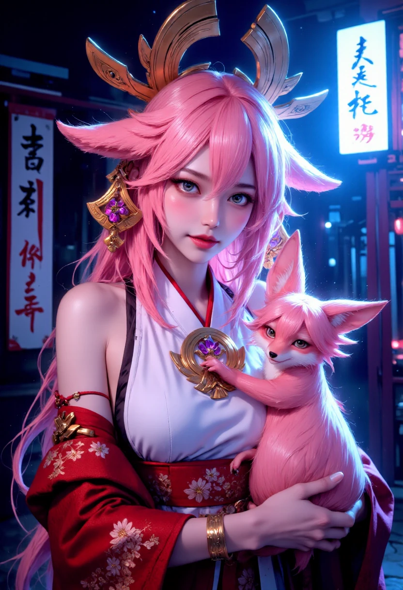 FluxYaeMiko, A striking illustration of a girlâs face, illuminated by a soft blue light, hugging a cute pink fox. long pink hair, petite, round breasts, gold jewelry, kimono, bare shoulders , shiny skin, bar, and creating a mysterious, cinematic atmosphere., cinematic, vibrant, photo, illustration <lora:FluxYaeMiko:1> <lora:FluxMythP0rtr4itStyle:1>