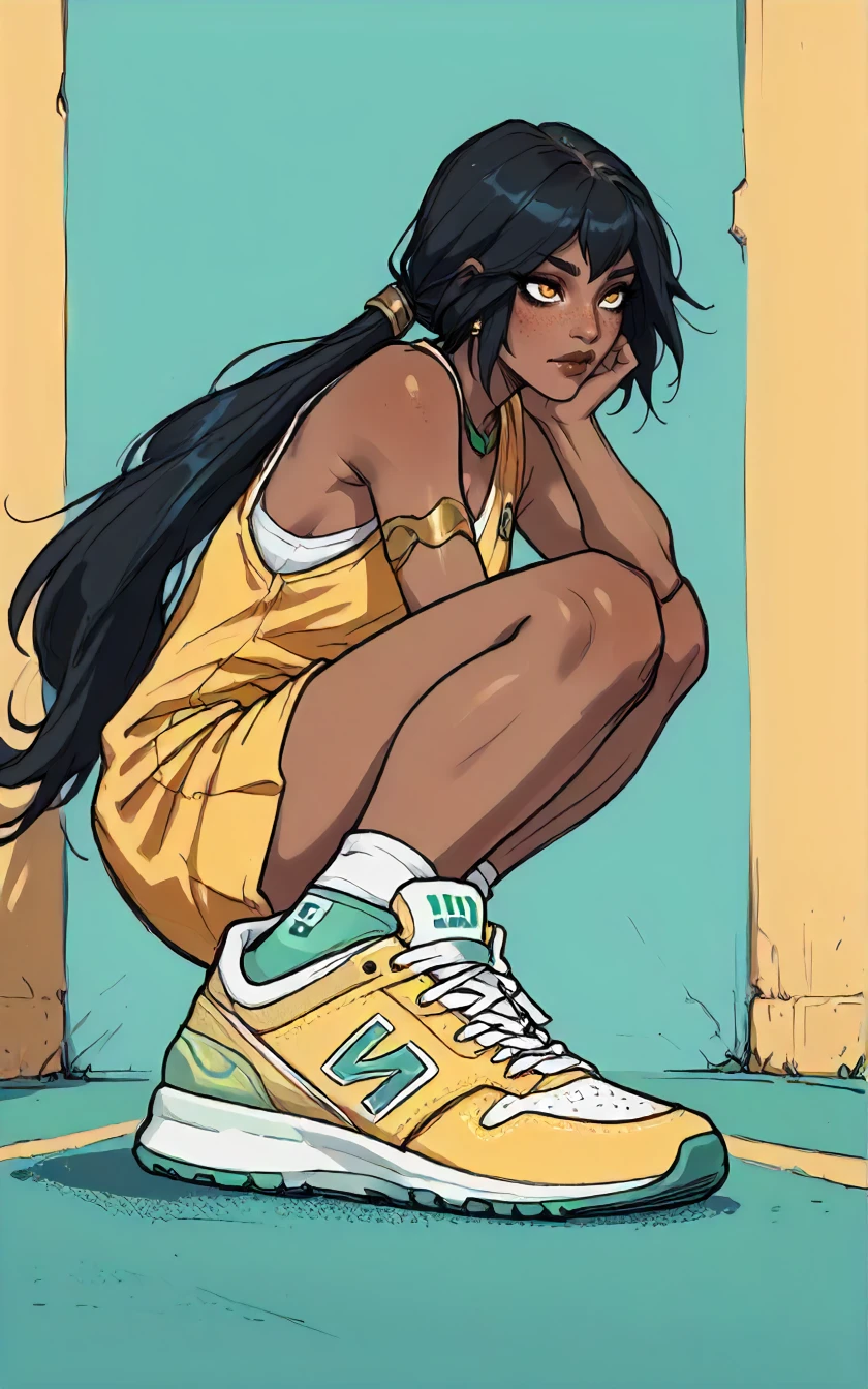 embedding:zPDXL3, solo, 1girl, (nilahlolxl, nilah league of legends, long black hair, olive skin, long slender physique:1.3), (squatting, legs wide, sh03_sh0w, sneakers, show focus:1.2), wearing yellow gym clothes, gold jewelry, center frame, 2/3 composition, foreshortening, (b3ng4l, minimalism, simple illustration, fine line, soft colors, flat 2d illustration, concept art:1.3)