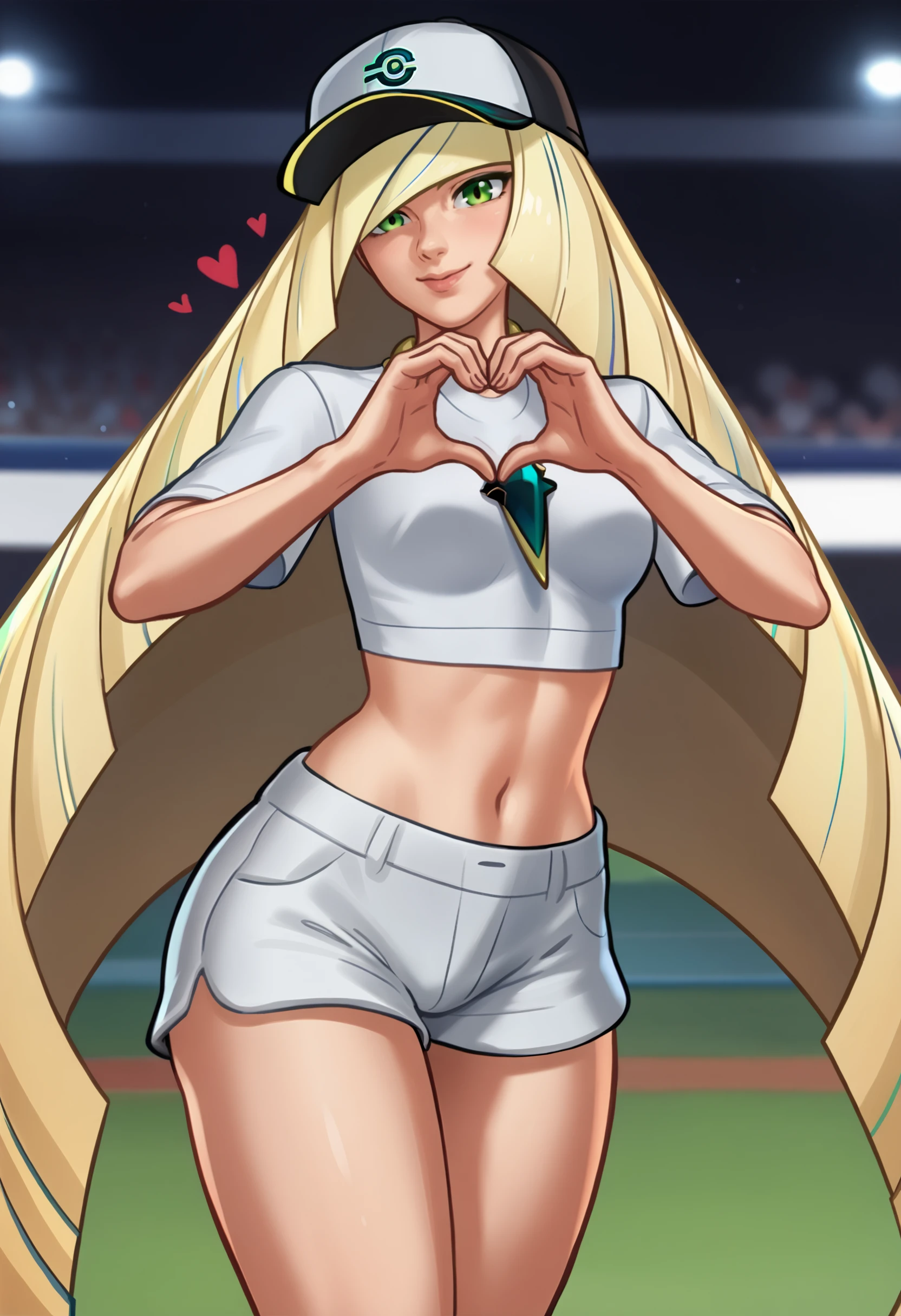 score_9, score_7_up, <lora:summertimesaga-guy-PONY-DORAv1:1>, 1girl, solo, (lusamine \(pokemon\)):0.3, baseball cap, midriff, baseball uniform, shorts, heart hands, looking at viewer, breasts