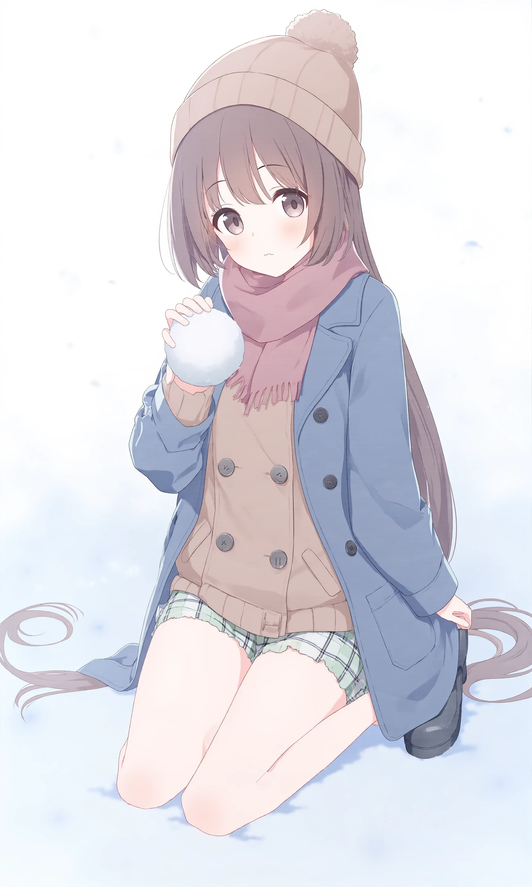 1girl,
blue coat, brown eyes, brown hat, snow, brown scarf, open mouth, buttons, pout, full body, brown sweater, :t, looking at viewer, hat, breasts, sweater, plaid shorts, white background, double-breasted, long hair, coat, pink scarf, solo, long sleeves, snowball, simple background, brown hair, sitting, white thighhighs, thighhighs, boots, green shorts, black footwear, woollen cap, blush, small breasts, scarf, holding snowball, beanie, pocket, pom pom beanie, shorts
<lora:BastylrV2:1>