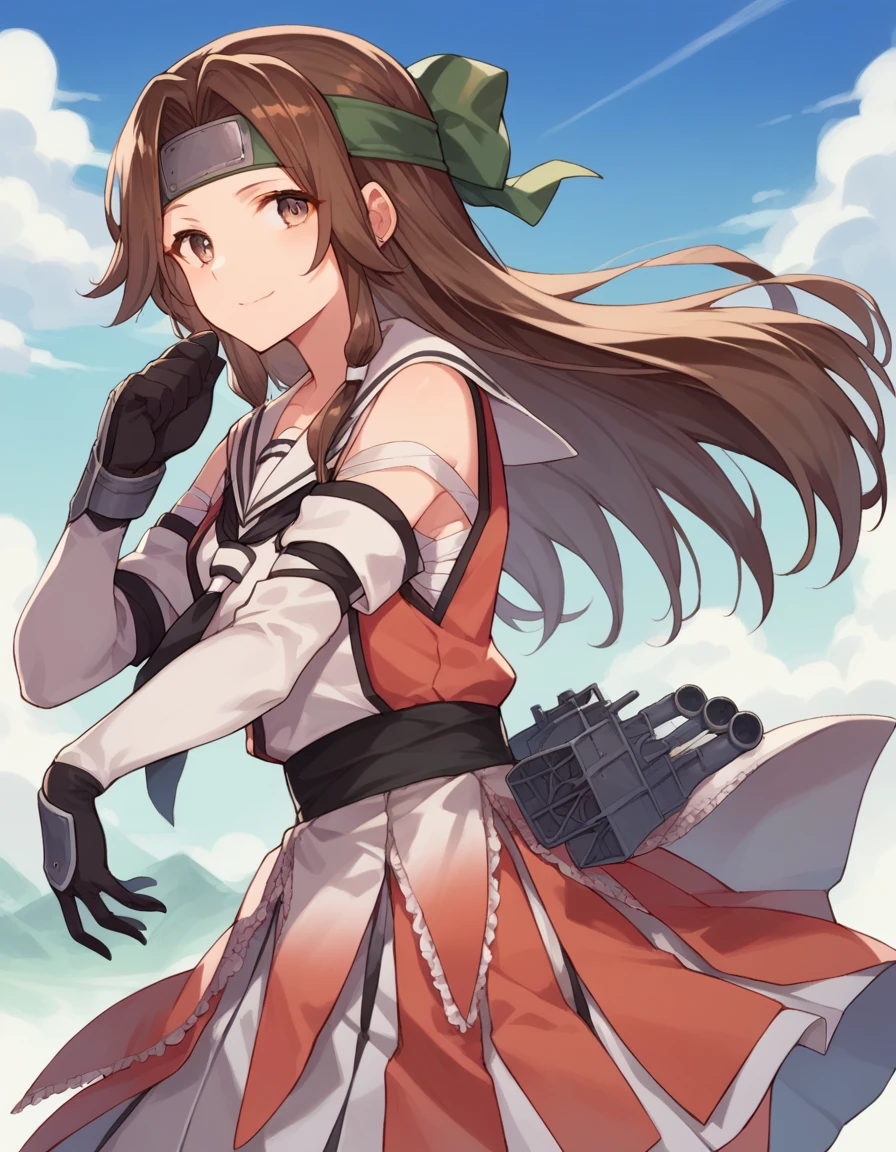 score_9, score_8_up, score_7_up,source anime,1girl, <lora:Jintsuu_Kantai_CollectionKancolle_XL:0.8> jintsuu_\(kancolle\),  brown_hair, long_hair, gloves, brown_eyes, headband, school_uniform, elbow_gloves, serafuku,skirt, forehead_protector, hair_intakes,soft smile