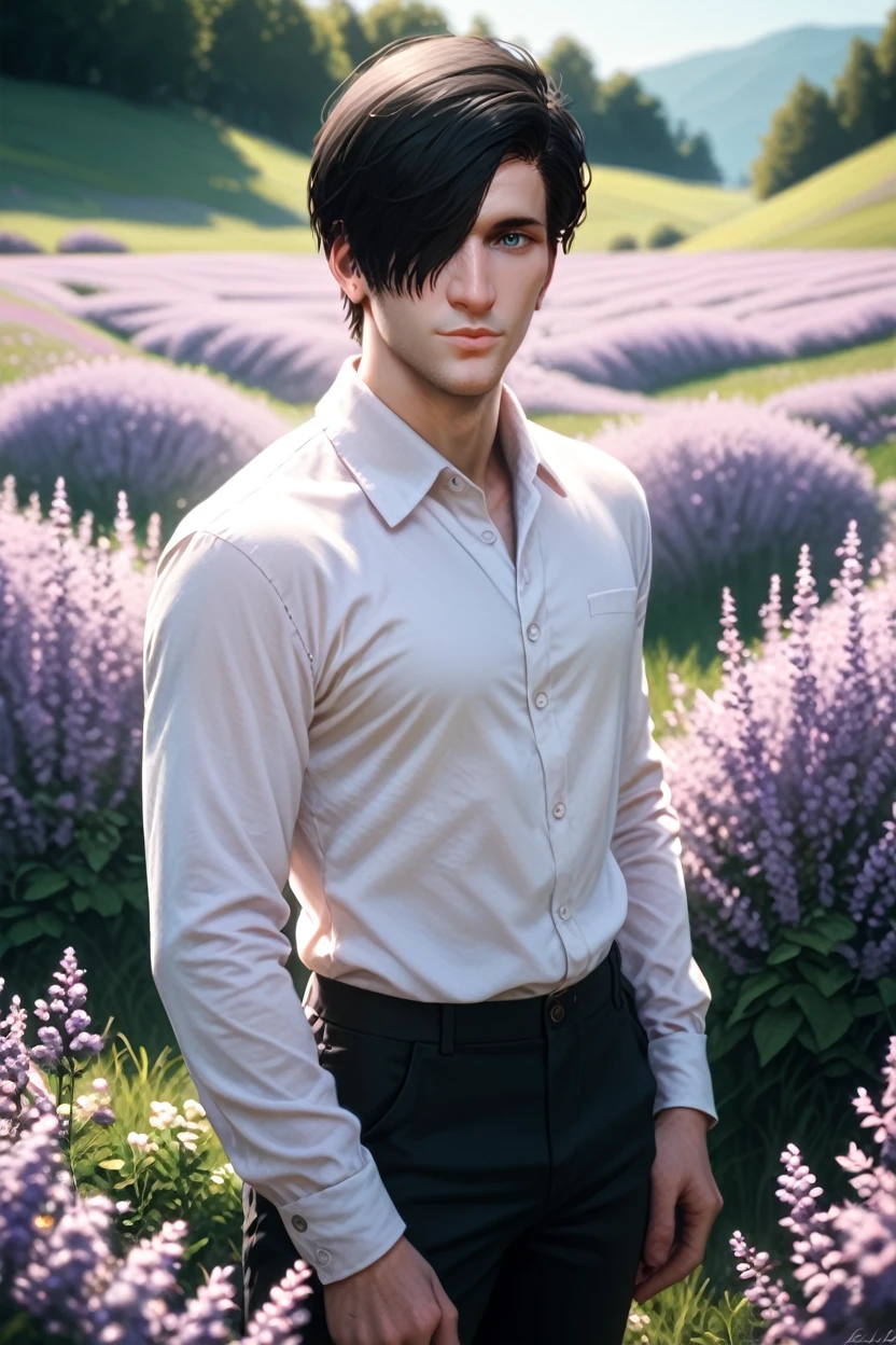 score_9, score_8_up, score_7_up, score_6_up
<lora:TEW2Stefano:1.0>
TEW2Stefano, 1boy, black hair, hair over one eye, looking at viewer, standing in a field of lavender, wearing a simple white shirt, soft pastel colors all around, calm and fragrant environment, gentle breeze