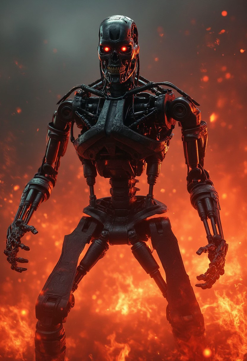 an upper body shot of a T800_Endo Terminator Robot with red eyes stands in a raging inferno of flames as he steps forth with menacing intent. He takes a fight stance ready to fight. Cinematic, photorealism, photorealistic