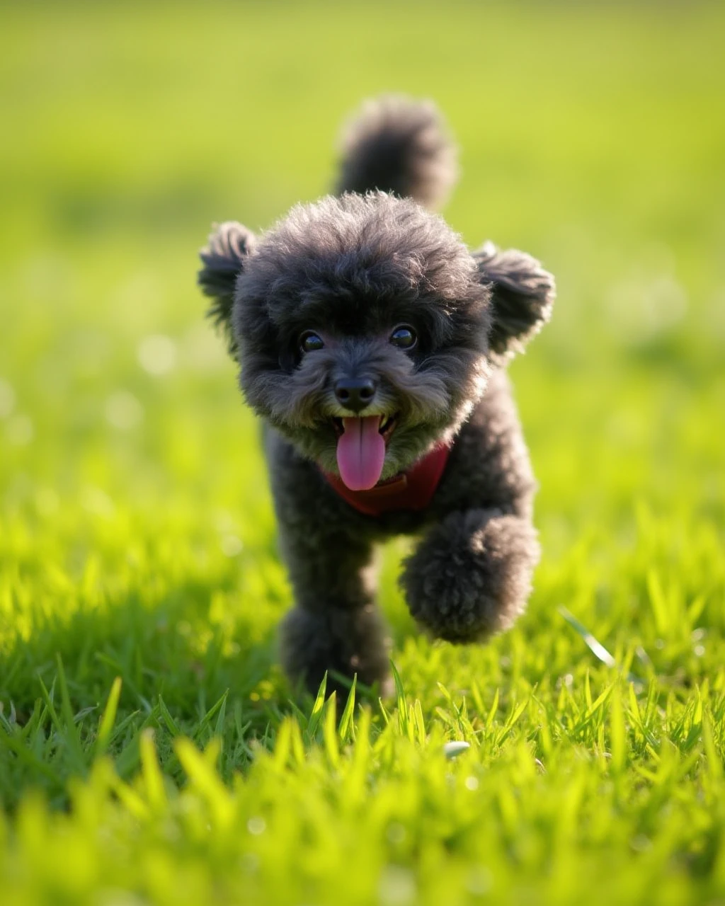 Dousa, a small black poodle, running and playing joyfully in a sunlit meadow.