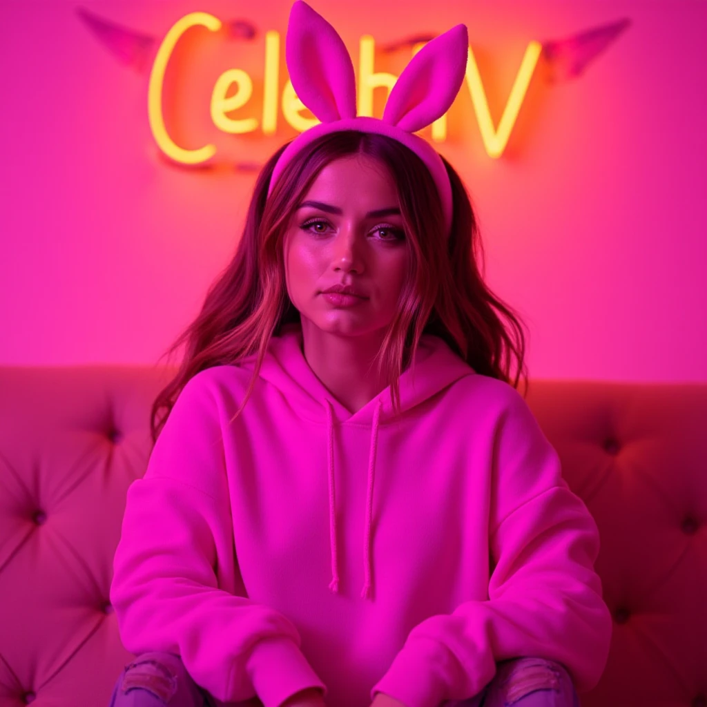 A twitch streamer woman sitting in a cute neon lit pink streamer room and wearing bunny ears and a comfy pink hoodie. The orange neon sign in the background reads "CelebTV" , <lora:Ana_de_Armas_FLUX_v1-000061:1>