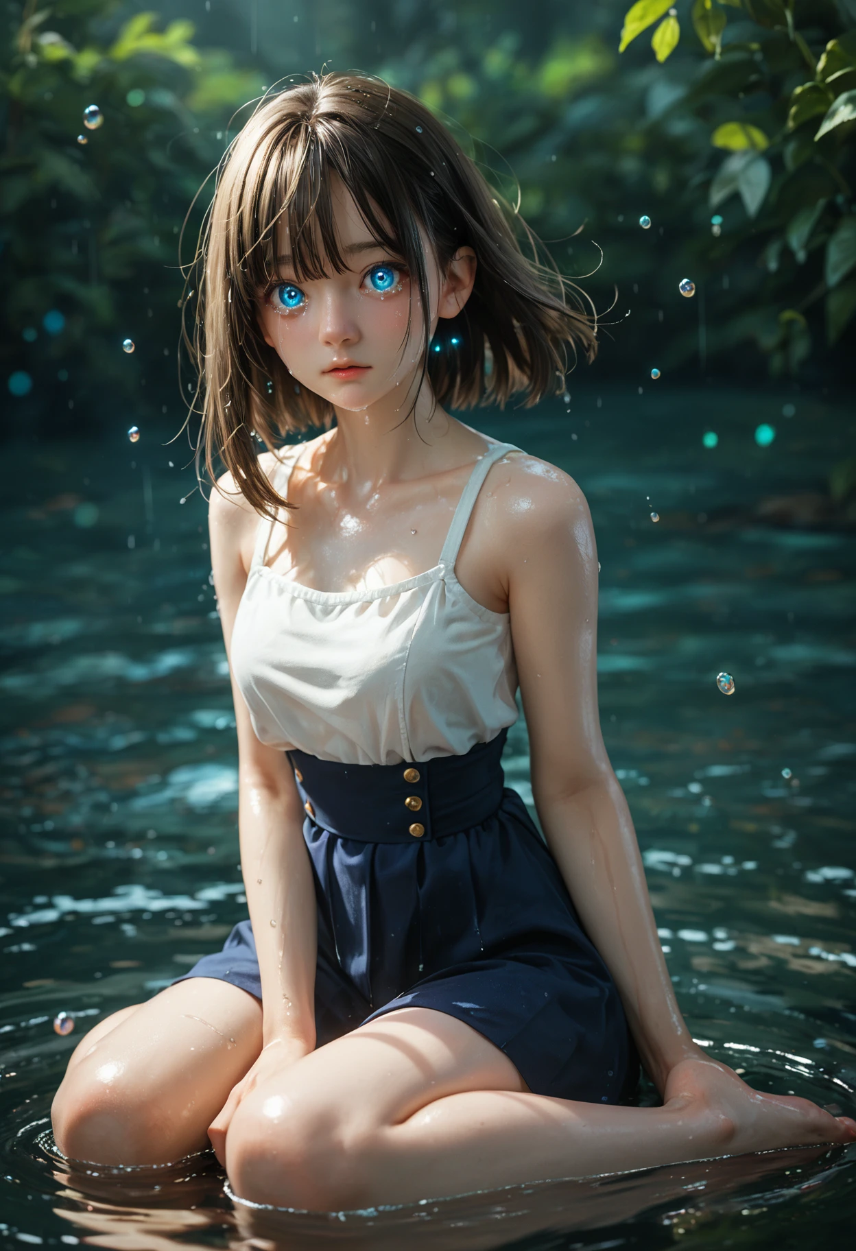 score_9,score_8_up,score_7_up,masterpiece,best quality,8k,dramatic lighting,cold colors,
ray tracing,cinematic lighting,shiny_skin,fair_skin,white_skin,1girl,grey_medium_hair,asymmetrical_bangs,cute_face,(thin_waist,thin:1.2),full body,girl sitting on the ground,crying,tears,ambient air weightlessness,(countless drops of water floating in the air:1.3),the ground is full of water,(huge drops of water:1.3),(water drops in the air:1.3),eyes emit bright light,glowing_eye,(fluctuations in air:1.3),(glowing drops of water:1.3),heavy rain,