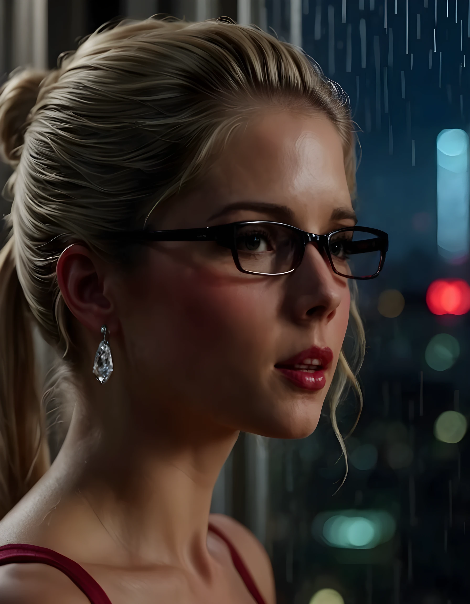 In a gritty, neo-noir setting, a close-up shot captures the enigmatic EM1LYBR, her features half-shrouded in shadows. Her striking blonde hair cascades down one side of her face, contrasting with the dark glasses perched precariously on the edge of her black hair. Her plump, painted lips, a blend of deep red and glossy sheen, are parted slightly, as if whispering a secret. The delicate silver earrings adorning her ears twinkle in the dimly lit room's reflections. A single strand of hair falls across her cheek, revealing a hint of her defined jawline. The background is a blur of rain-drenched cityscape, with neon lights flickering through the window, casting an eerie glow on her skin. The emotional tone is one of intrigue and mystery, as if she holds the key to a secret that only the viewer can unlock.