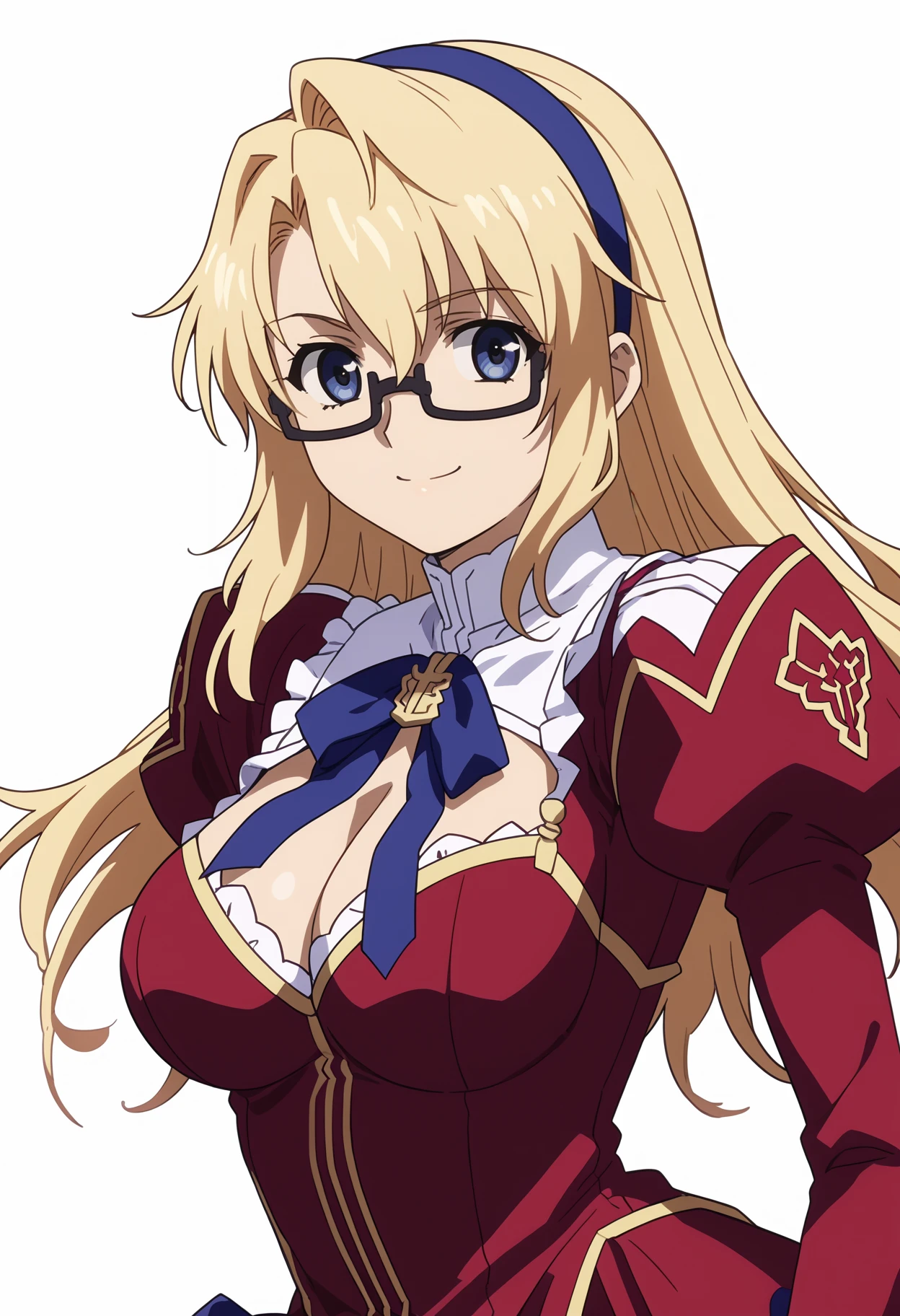 score_9, score_8_up, score_7_up, anime screencap BREAK,
satella, blonde hair, long hair, blue eyes, blue hairband, glasses,
red dress, cleavage, blue ribbon, clothing cutout, juliet sleeves,
upper body, smile, looking at viewer, solo, simple background, white background    <lora:SatellaXL:1>