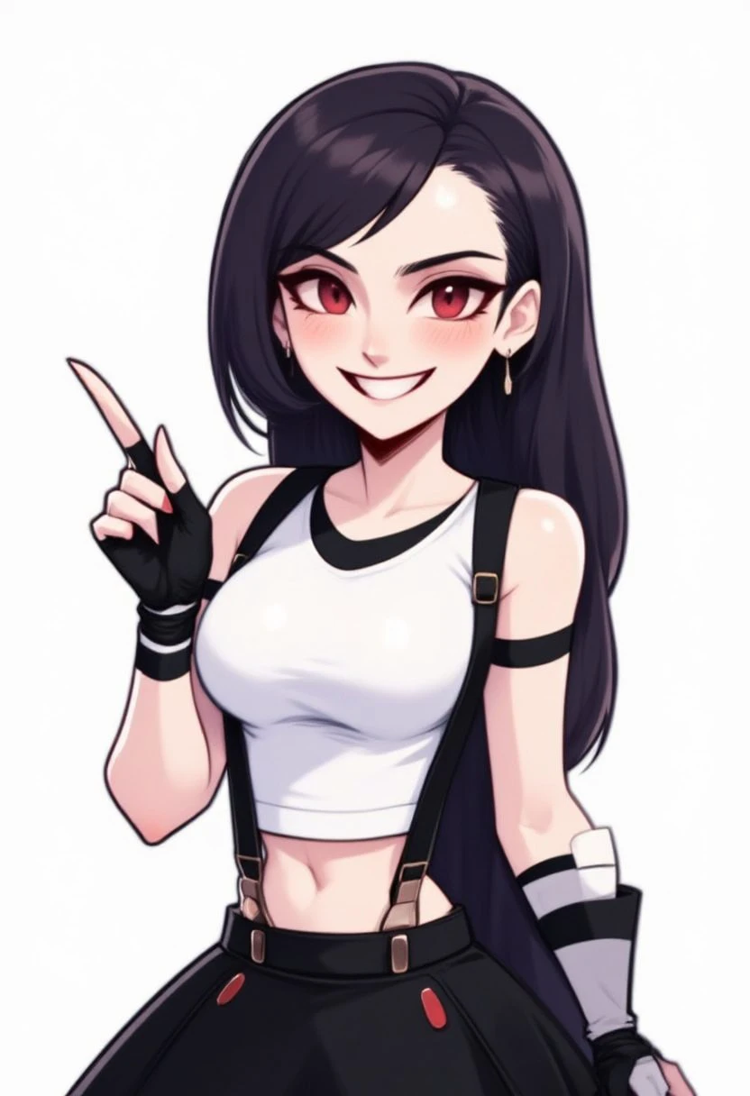 (hhstyle:1.2) , Tifalockhart wearing a white crop top, suspenders, black skirt, fingerless gloves. Her hands are raised in a double peace sign and she's smiling.