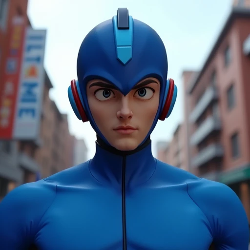 megaman, standing on a street, street level, blue robot, 3d++, smooth, high details, masterpiece, 4k, (handsome teen face), (realistic face:1.5), (high detailed face:1.5), (high detailed eyes:1.5), (serious), (focused)