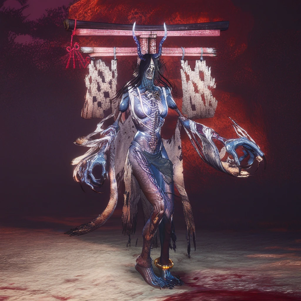 1girl, solo, monster, simple background, standing, blue skin, horns, jewelry, torii, barefoot, claws, black hair, long hair, teeth, sharp fingernails, long fingernails, claws, breasts, japanese clothes, anklet, horror (theme), no humans, blood, shimenawa, feet, toes, skull, rope, torn clothes, veins,