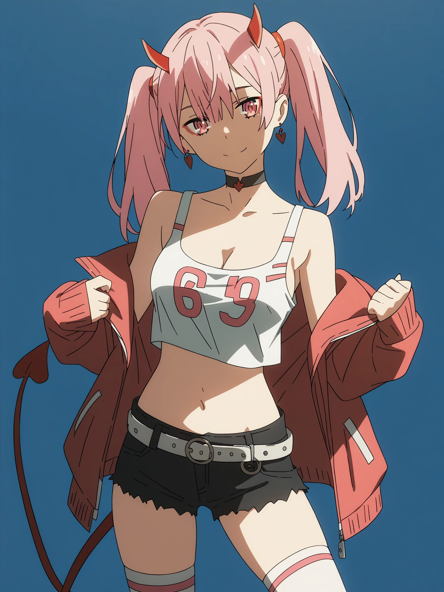 score_9, score_8_up, score_7_up, score_6_up, score_5_up,
1girl, solo, breasts, tail, pink_hair, horns, demon_tail, shorts, jacket, twintails, large_breasts, smile, looking_at_viewer, long_hair, navel, choker, black_background, pink_eyes, short_shorts, belt, demon_girl,  pink_jacket, demon_horns, simple_background, tank_top, open_jacket, cleavage, black_shorts, open_clothes, thighhighs, off_shoulder, bare_shoulders, closed_mouth, head_tilt, hair_between_eyes, cowboy_shot, jewelry, micro_shorts, collarbone, black_choker, white_thighhighs, crop_top, bangs, earrings, clothes_writing, shirt, midriff, standing, see-through, contrapposto, long_sleeves
 <lora:Darling_In_The_Franxx:1>