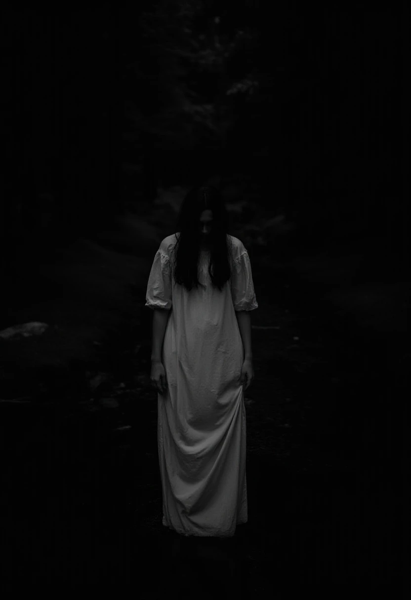 closeup photo, distorted, bride, surrounded by darkness, void, black background, horror, sinister, occult, evil, horror movie still, (Junji Ito feel:0.2), a woman standing straight rigid, black hair hanging down, looking at viewer, (((Unsettling, creepy, disturbing))), (black background, infinite void, black reflective floor1.4)