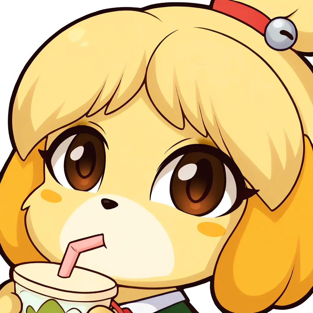 score_9, solo, 2d, looking at you, isabelle \(animal crossing\), cup, holding cup, drinking straw, straw in mouth, cute