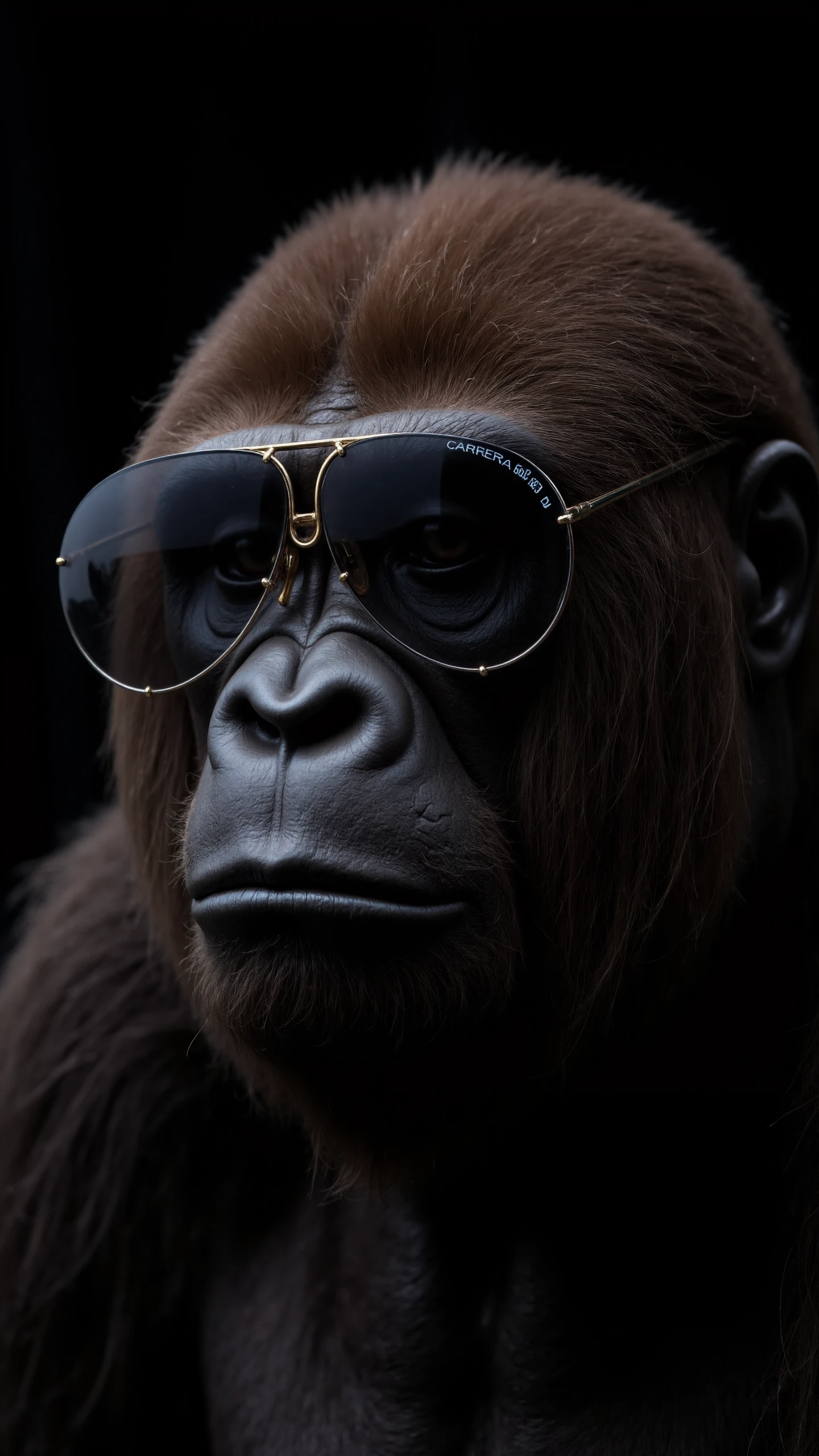 portrait Photo of a gorilla,close up, head, wearing a Carrera 5623 PD,sunglass,letter on the glass reads CARRERA, in a dark photostudio