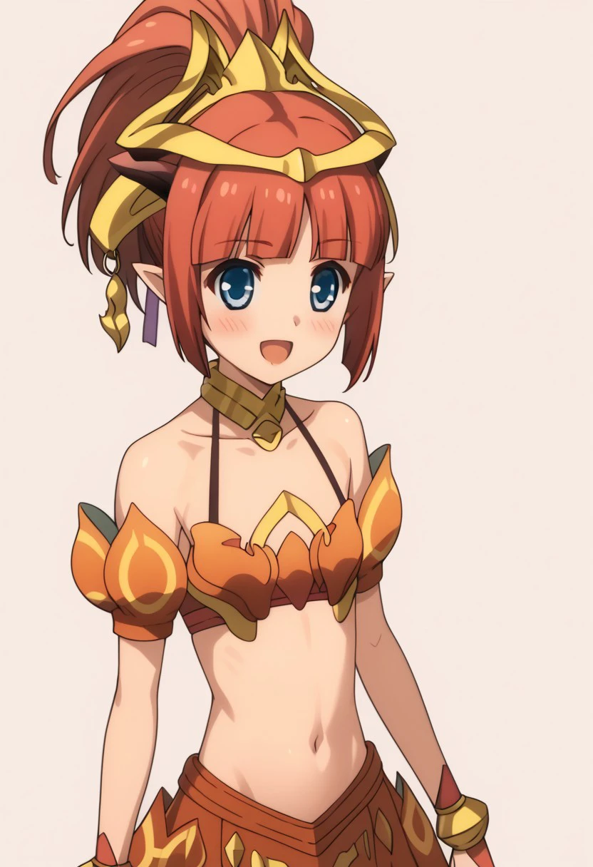 score 9, score 8 up, score 7 up, mondaiji-sandora,mondaiji-tachi ga isekai kara kuru sou desu yo, 1girl, solo,blue eyes, navel, open mouth, smile, pointy ears, short hair, ponytail, red hair, midriff, flat chest, blush, bare shoulders, collarbone, :d, jewelry, bracelet, simple background, bangs