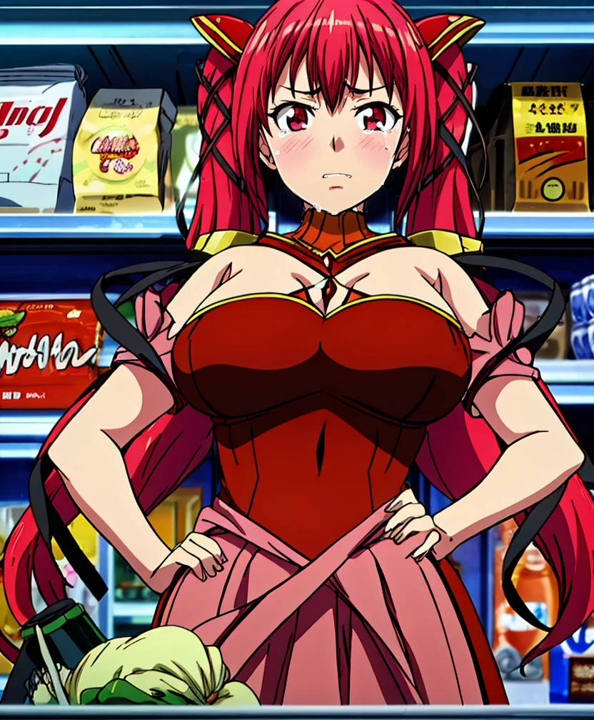 1girl,  looking at viewer, anime screencap, <lora:animemix_v3_offset:.9> ,   <lora:add_detail:.8>,  
 hands on hips, in a grocery store, (wearing medieval princess costume:1)
,<lora:m45ht4l_3-000005:.75>, m45ht4l_3, blush, large breasts, hair ornament, red eyes, twintails, very long hair, hair ribbon, red hair,