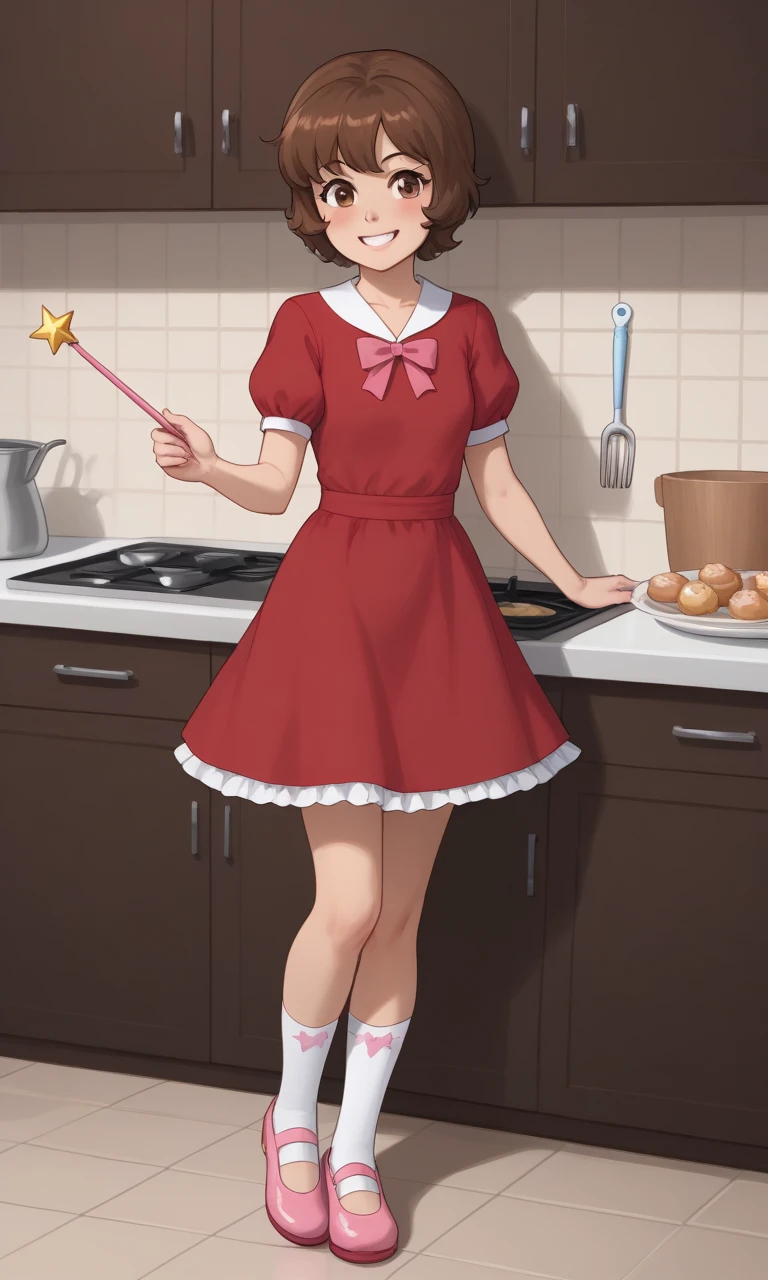 1girl, solo, Sally, brown hair, short hair, brown eyes, dress, red dress, socks, shoes, kneehighs, pink footwear, smile, wand, kitchen, front view